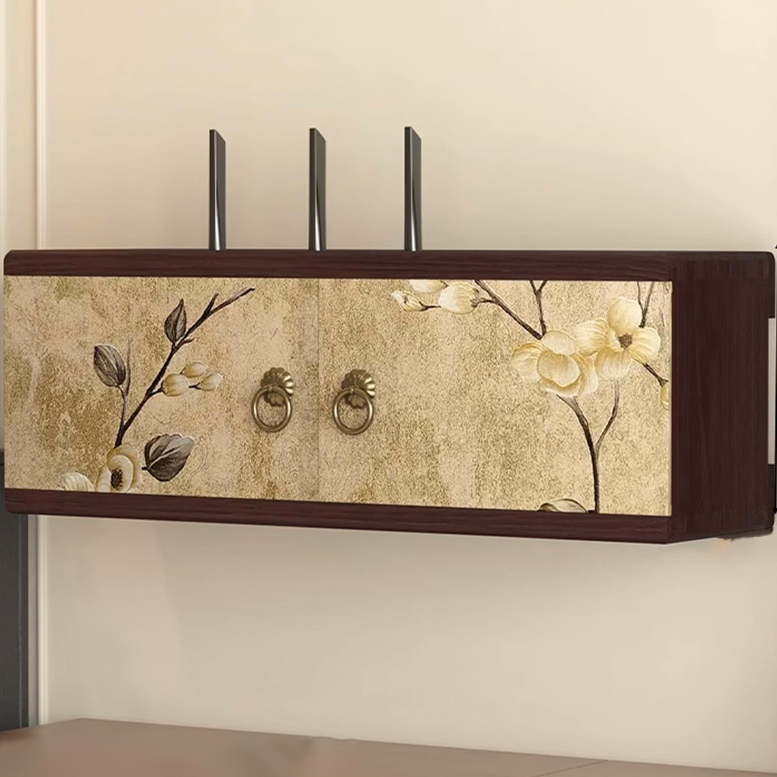 Boîtier de Rangement Mural en Bois Massif pour Routeur WiFi, Meuble de Rangement Multimédia pour Modem, Décodeur TV et Multiprise, Idéal pour Le Salon ou Le Bureau(Walnut-Late,60cm/23.6in)