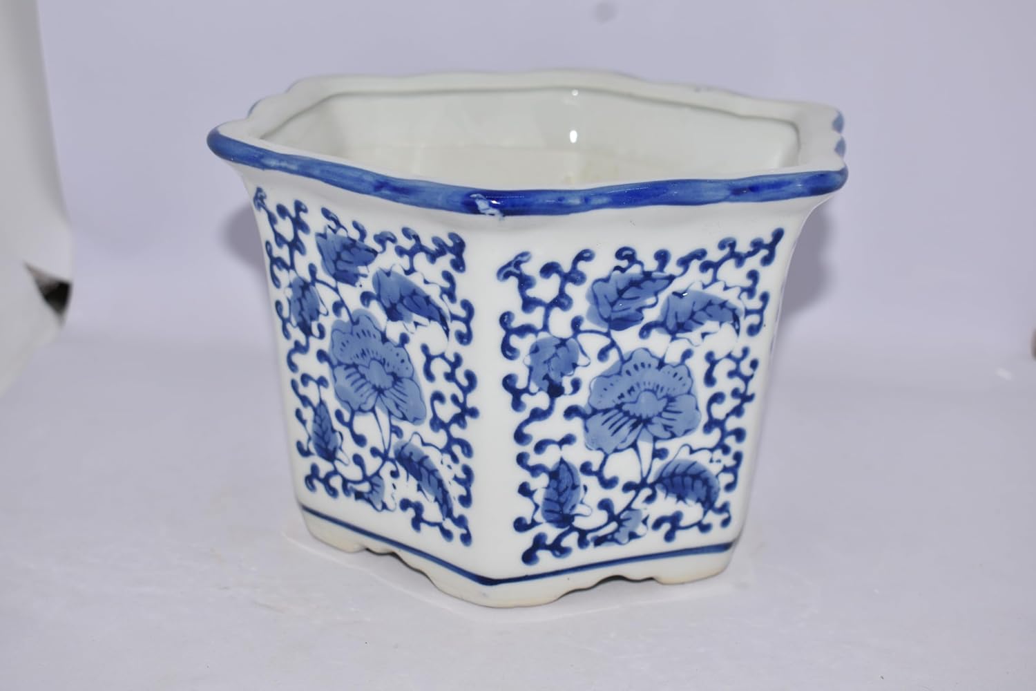 Generic New 7.5"" Blue & White Scallop Edge Oriental Ornate Floral & Vine Design Octagon Shape Bonsai Planter Plant Pot