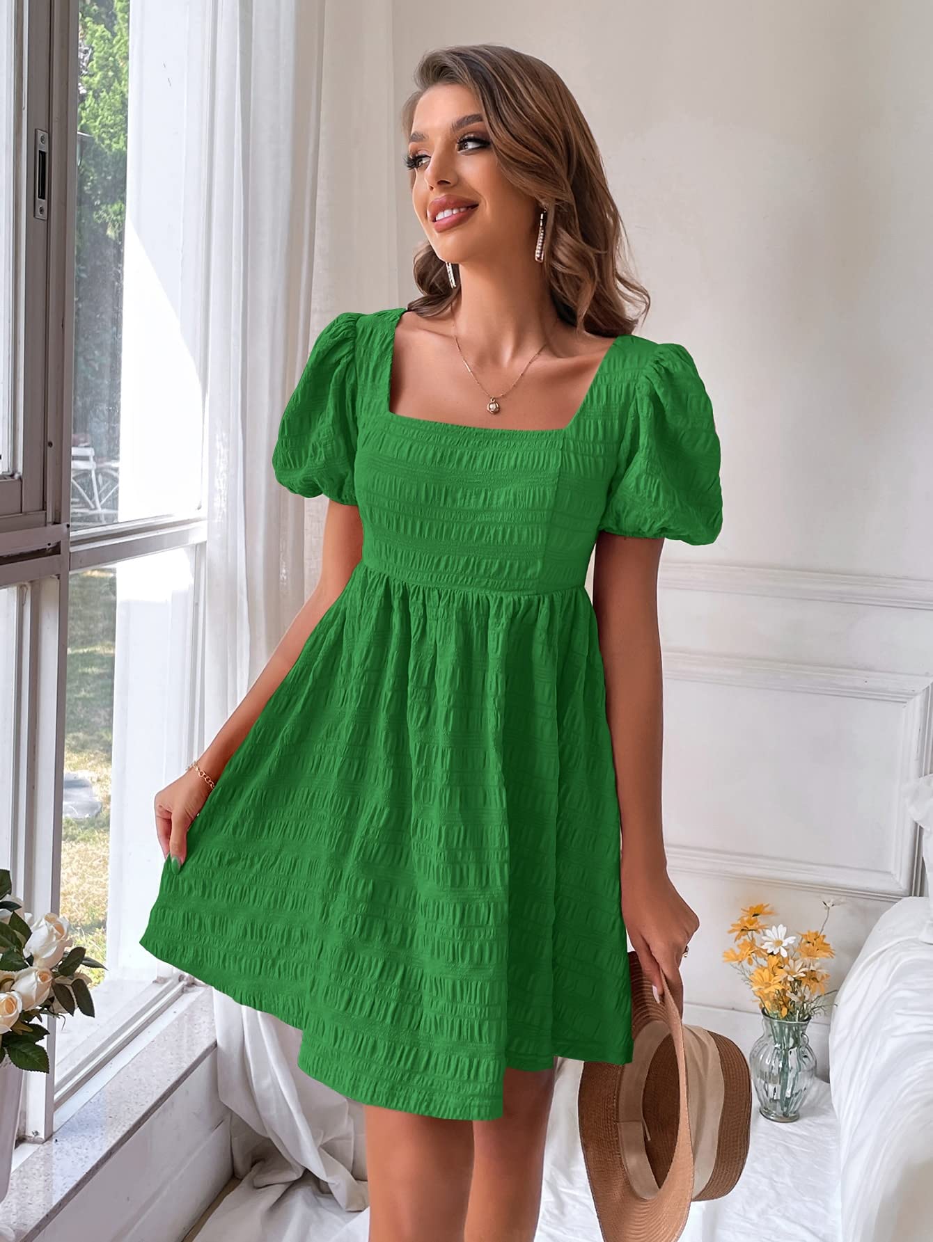 green puff sleeve mini dress Women's Dresses Square Neck A-line Dress for Women (Color : Green, Size : Large) : Clothing, Shoes & Jewelry COLOR:Ivory/Blue sun-dresses 100% Polyester Amazon Graduation Dress Ideas
