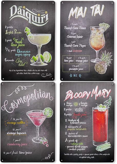 4PC Vintage Tin Sign, ZZBIQS Cocktail Tin Painting Retro Metal Signs, Home Wall Decor Plaque Poster for Pub Bar Club Cafe, Kitchen, Restaurants Home Decorations