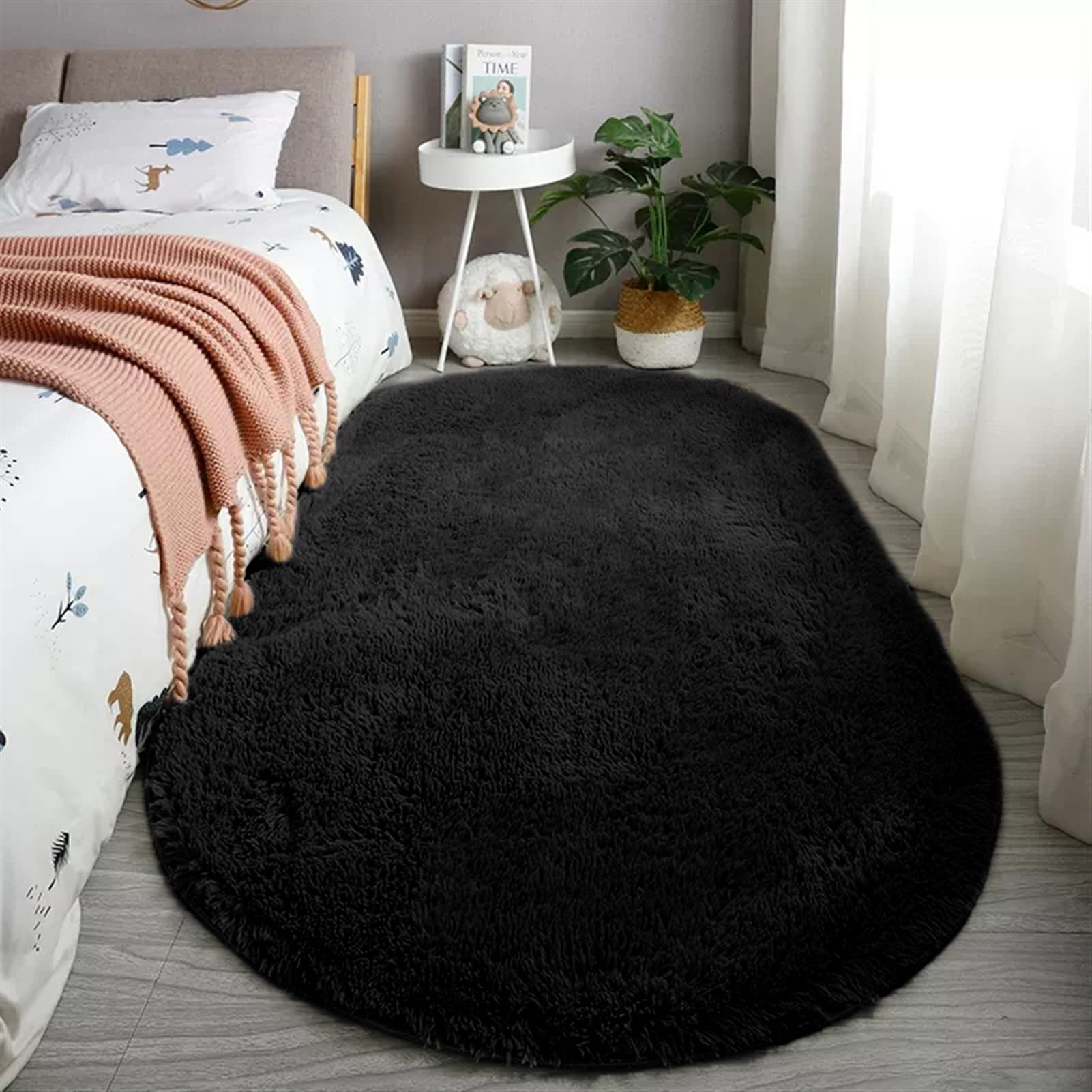Reyox Fluffy Soft Oval Area Rug, Plush Shaggy Carpet for for Living Room Bedroom Home Décor Black 3.0 x 5.9 Feet