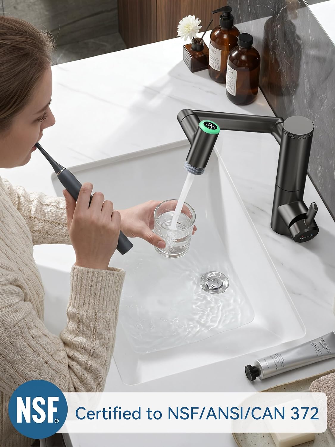 Lefton Rotatable Bathroom Faucet with Built-in Filter, Single Hole Sink Faucet with Temperature Display in Fahrenheit, 2 Water Modes, NSF Certified