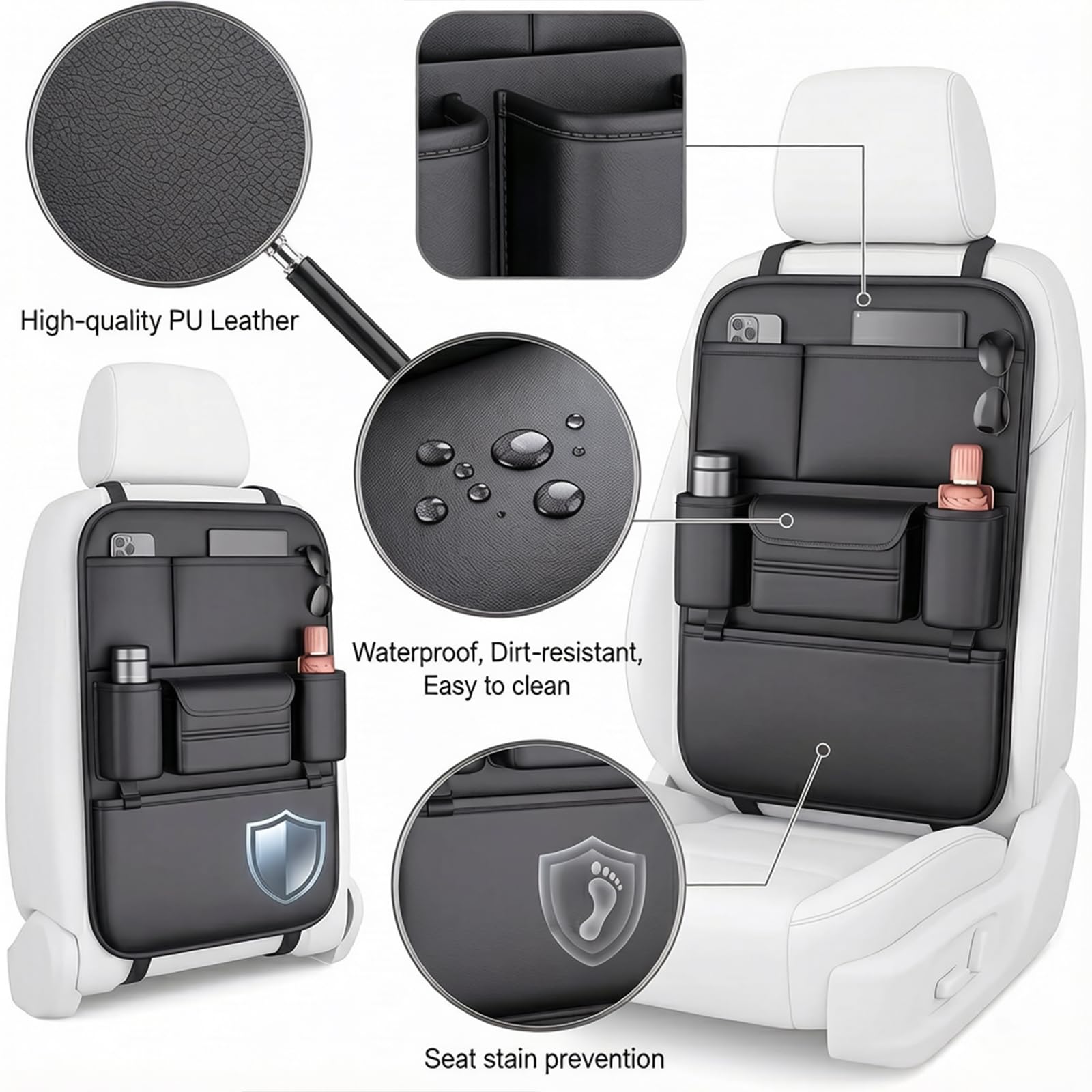 Genérico Organizador Asiento Trasero Coche para Ford Kuga 3 (III) ST-Line & Vignale I 2019-2024, Cuero Bolsa Multibolsillos Protector Impermeable contra Manchas, Perfecto Viajes Familia