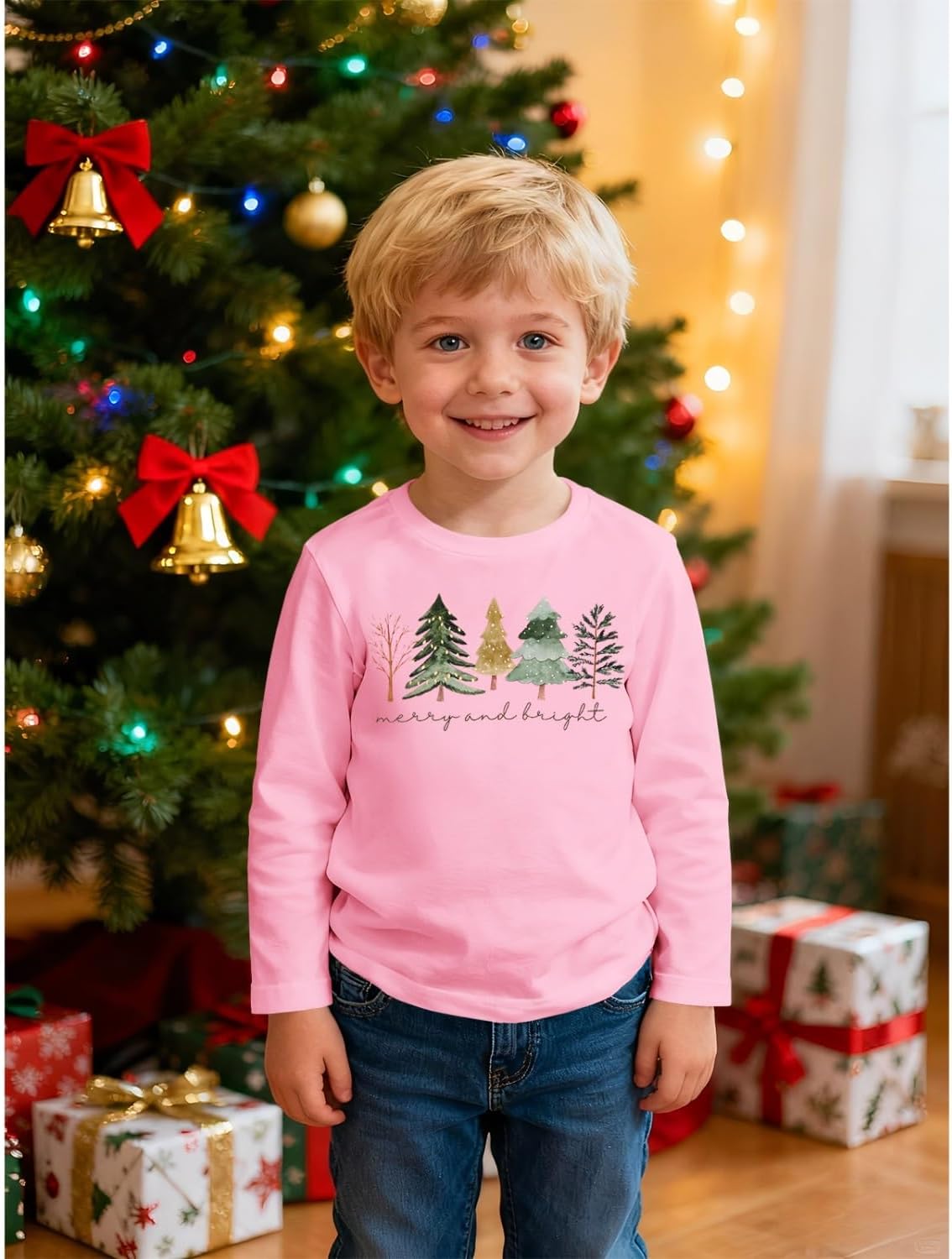 SOFEON Toddler Girls Boys Christmas Tree Shirts Merry and Bright Xmas Tree Long Sleeve T-Shirt Fall Winter Holiday Tees Tops