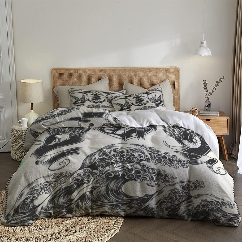 NIBAINLO 布団カバーレトロなスタイルの航海シンボルのタトゥー波 肌に優しい ピーチスキン加工 掛け布団カバー 和式 洋式 あったか 布団カバーセット リバーシブル ホームステイ ホテル 家庭兼用