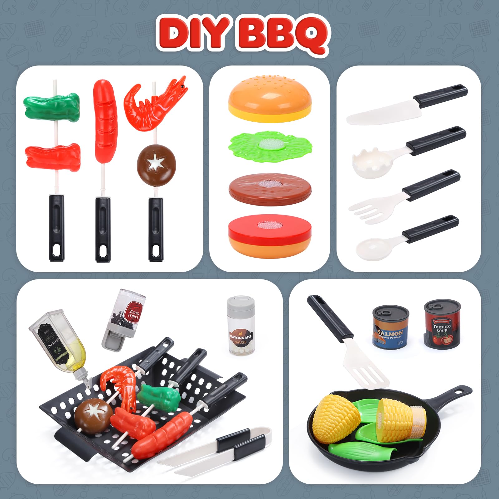 CUTE STONE Barbacoa de Juguete para niños con Comida Que Cambia de Color, Sonidos, Luces, Vapor, Juego de Cocina con Parrilla y sartén, Barbacoa de 2 Niveles con Ruedas – Regalo Ideal