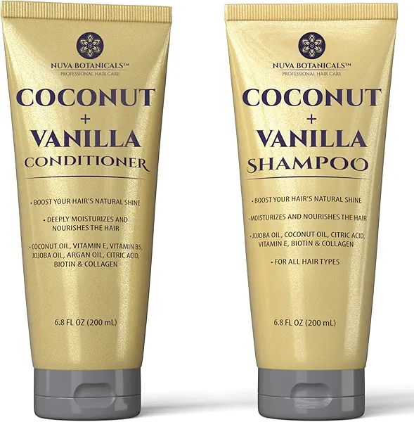 Nuva Botanicals Coconut Shampoo and Conditioner, Vanilla Shampoo and Conditioner with Biotin and Collagen- Moisturizing Shampoo and Conditioner Set with Jojoba Oil, Argan Oil and Vitamin E(6.8oz each)
