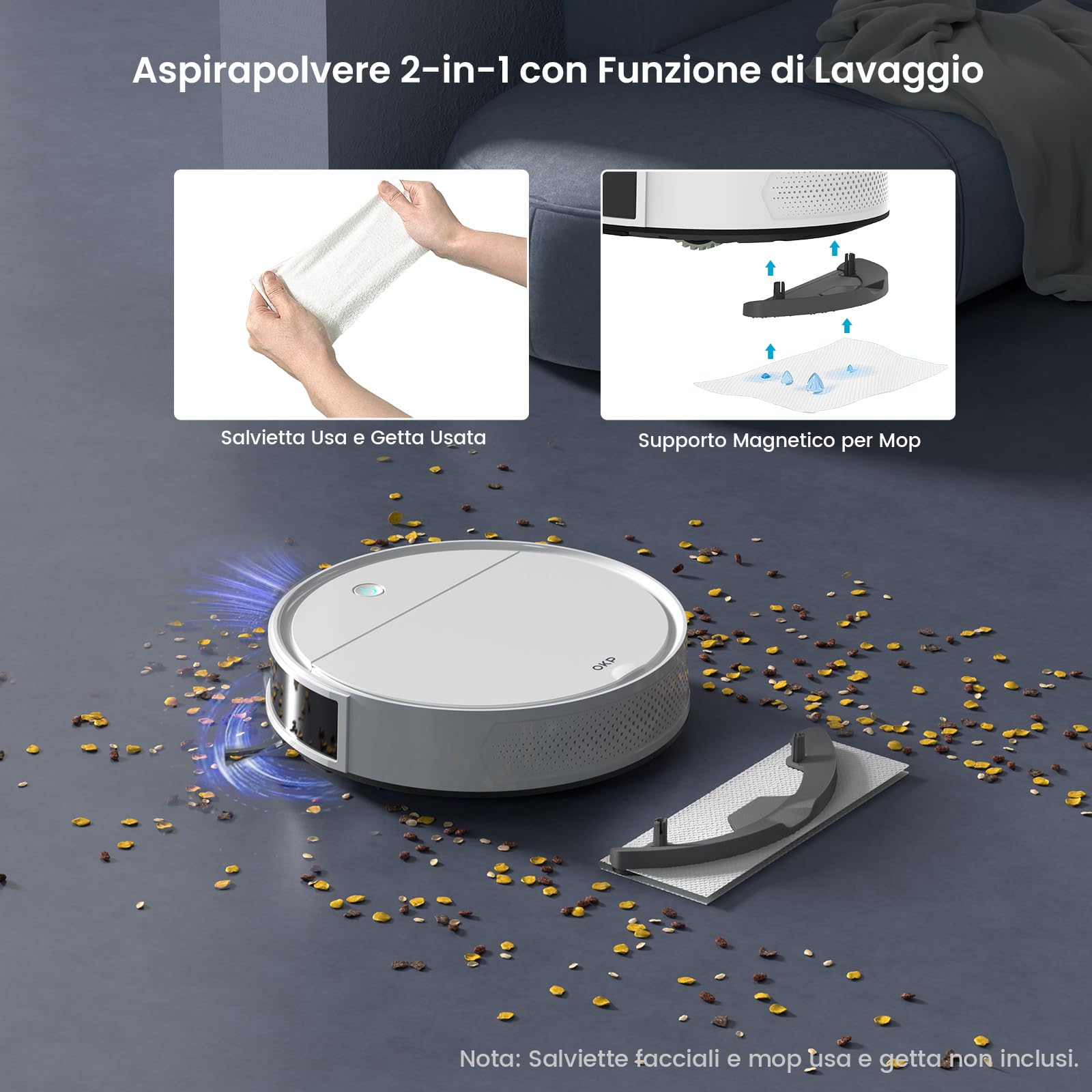 OKP K5Pro Robot Aspirapolvere, 5000Pa, 120 Minuti, 7,7cm Ultra Sottile, Anti-Groviglio, 4 Modalità di Pulizia, Ricarica Automatica, Ideale per Peli di Animali, Pavimenti Duri, Wi-Fi/App/Alexa, Bianco