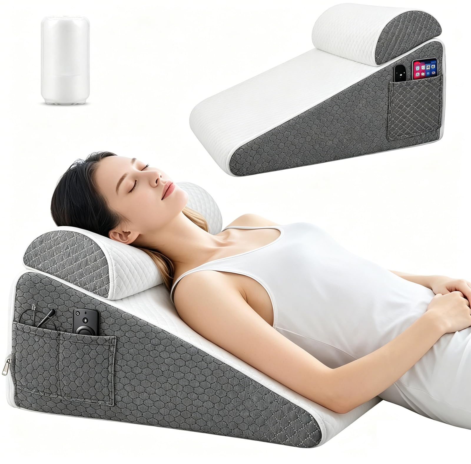 Cuscino a cuneo in memory foam, cuscino triangolare inclinabile con cuscino cervicale, lavabile, per collo, gambe, schiena, dormire, lettura, post recupero gravidanza