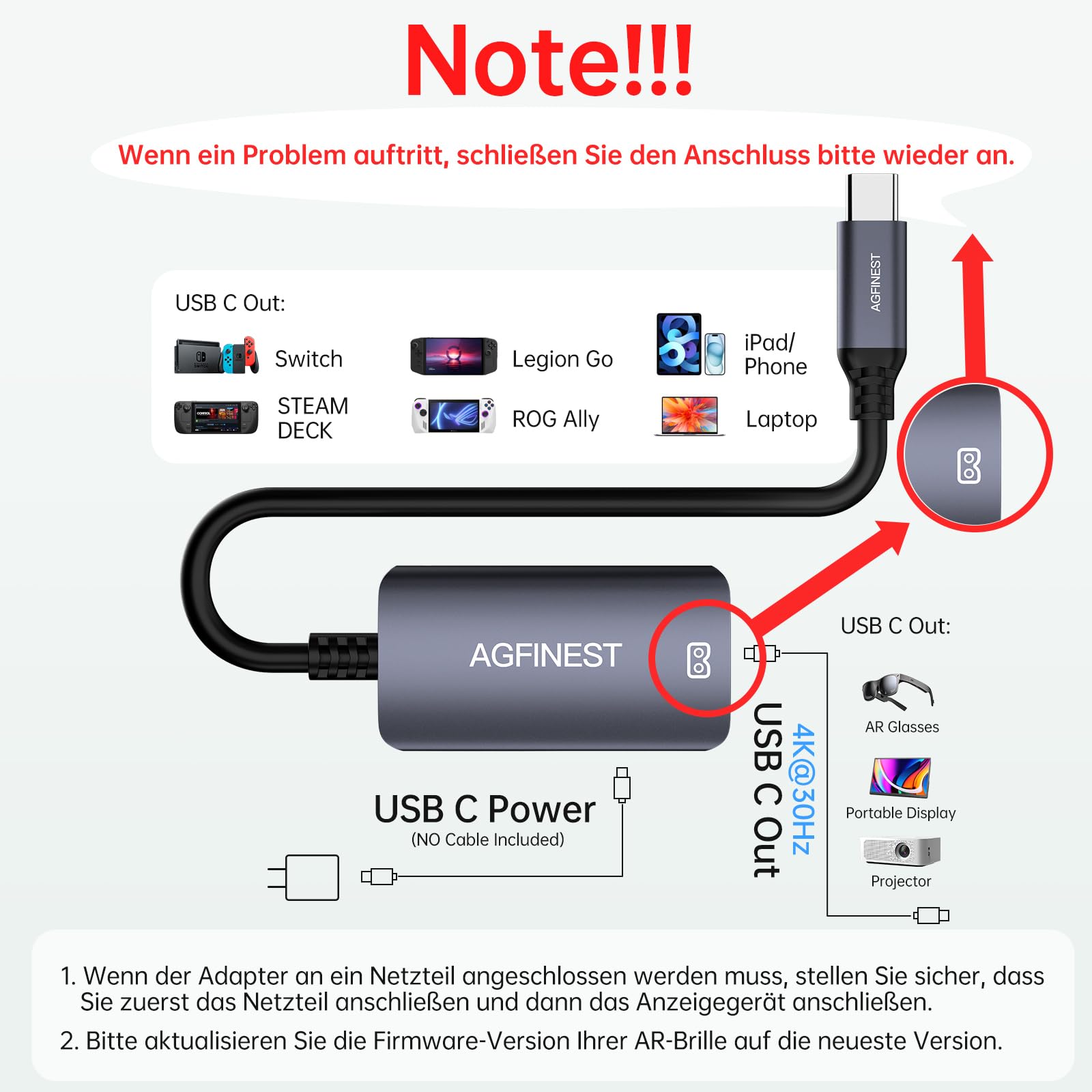 USB C zu AR-Brille mit Ladeadapter, Type C zu Monitor und Lade-Konverter 100W PD, 4K@60Hz Kompatibel für iPhone 15/16 Viture/Rokid/Xreal AR-Brille (USB2.0+USB C)