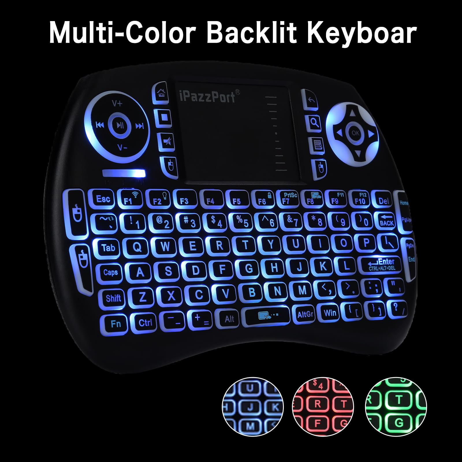 Mini Bluetooth e tastiera wireless a doppia modalità da 2,4 GHz con touchpad. | Retroilluminato a 3 colori, batteria al litio ricaricabile, portatile palmare, tasti di scelta rapida multimediali