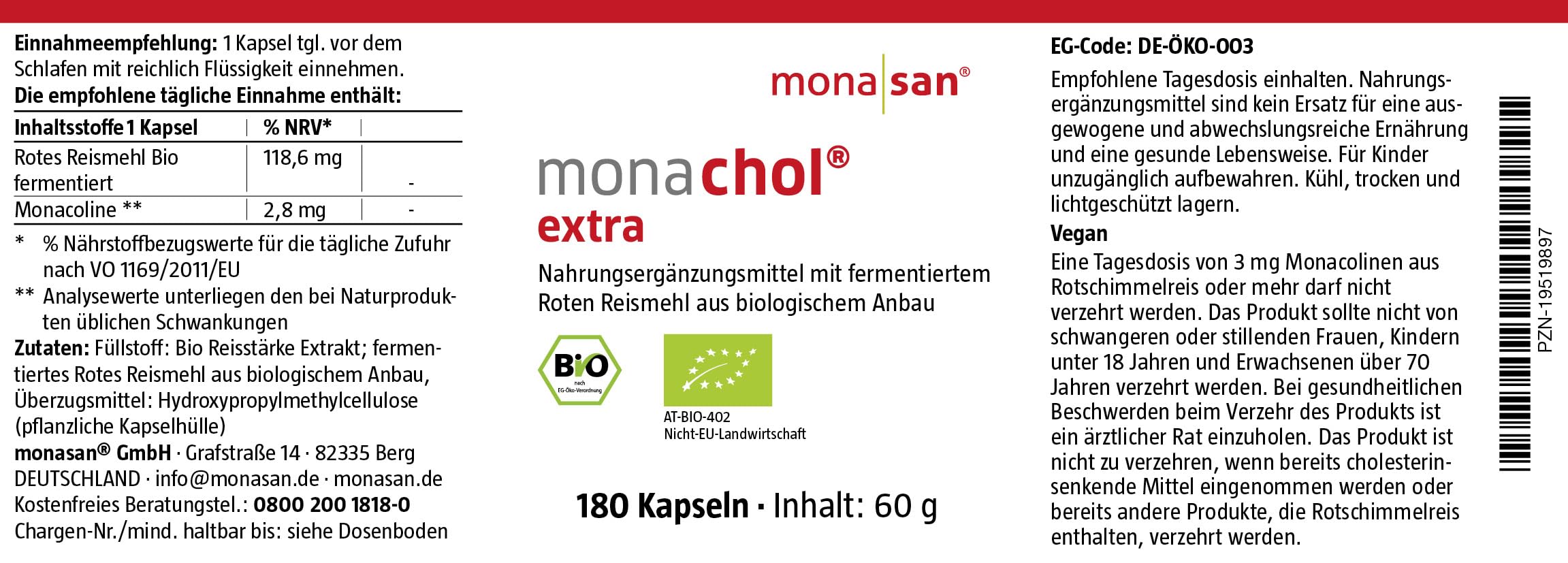 MONASAN monachol® extra BIO-zertifiziert Fermentierter Roter Reis 180 Stück | 2,8 mg Monacoline pro Kapsel, Vegan, Biozertifiziert DE-ÖKO-003, Citrininfrei, Laborgeprüft, Bedarf 6 Monate