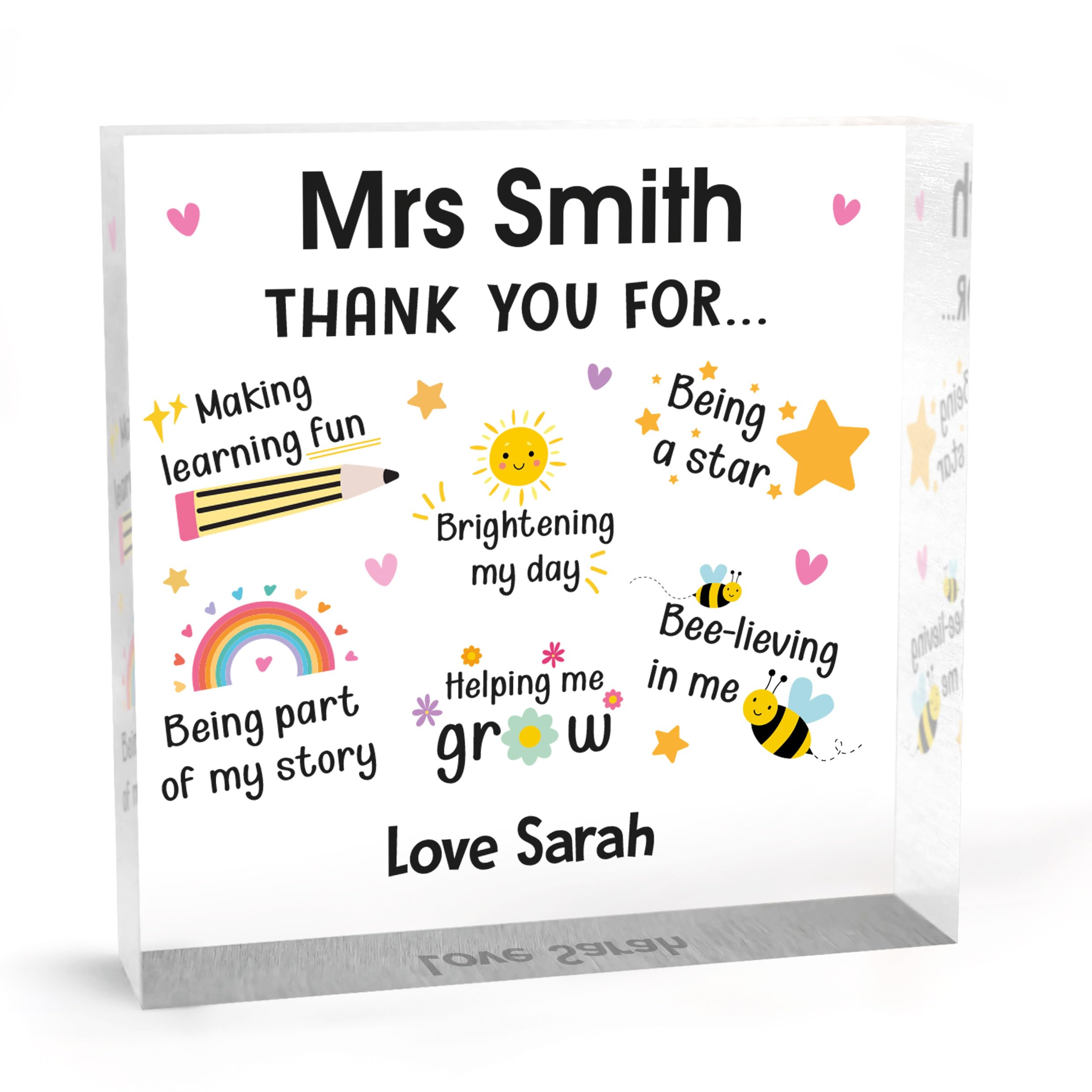 Beecreative Personalised Thank You Teacher Gifts - Square Acrylic Plaque - Thankyou Present For School Teacher - With Gift Bag