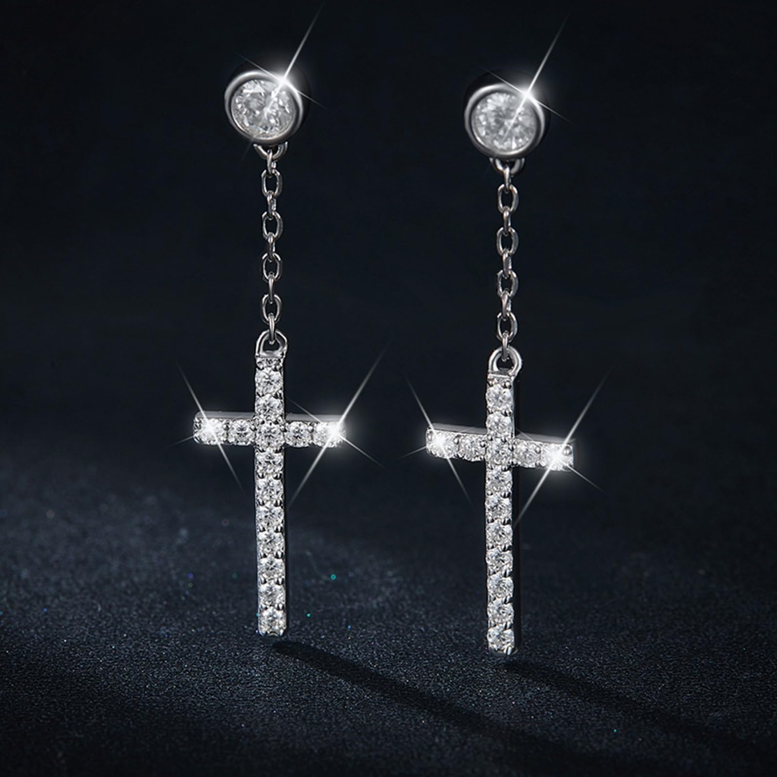 Pendientes Mujer Cruz de Cadena con Moissanita Redonda de 0.5ct, Plata de Ley 925, Joyas Pendientes Colgantes con Piedra