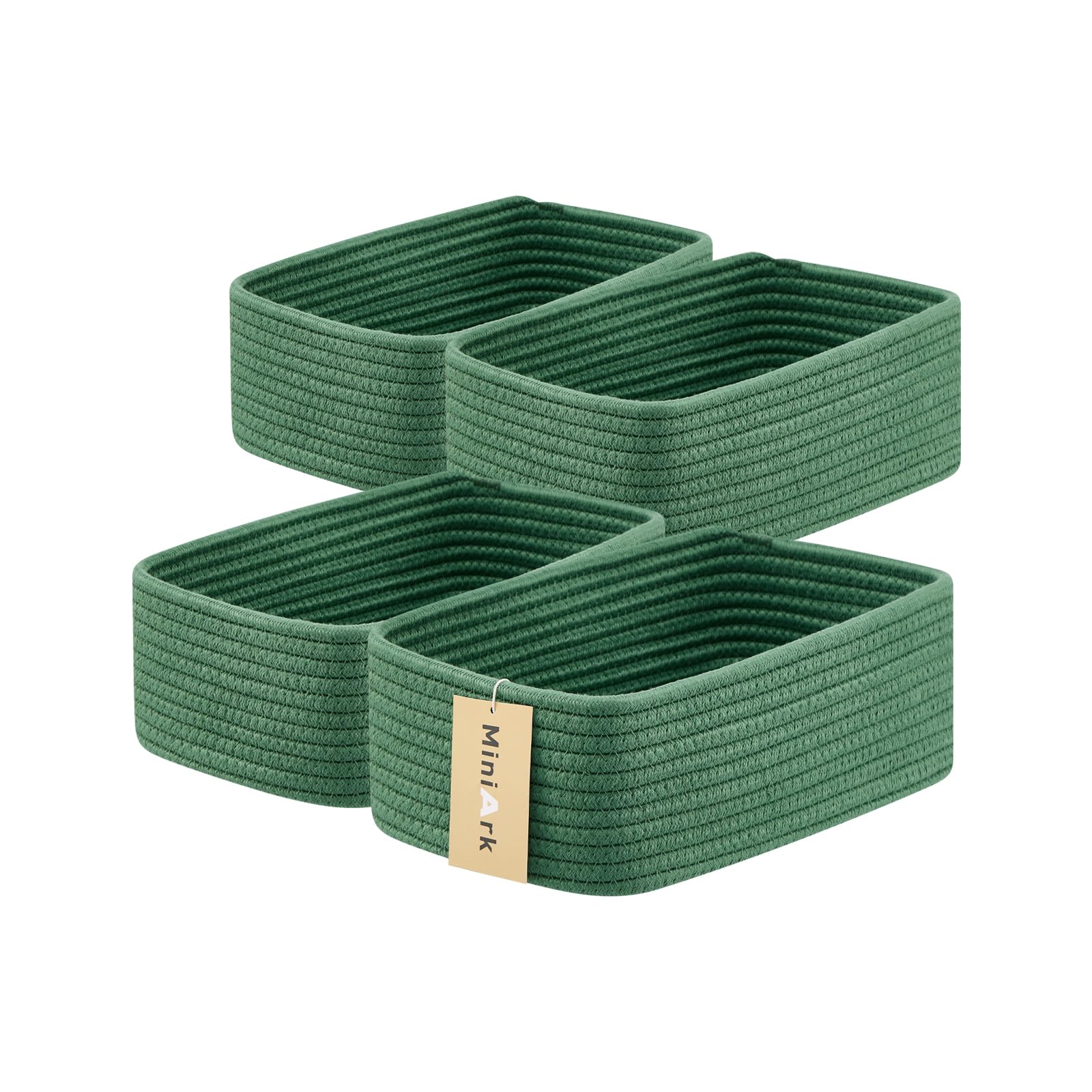MiniArk Small Storage Baskets for Organizing | Closet Organizer Bins | Shelf Toy Basket | Woven Rope Baskets | Cube Decorative Box | Shallow Basket | 11.5x7.5x4.7” | 4 Packs Green