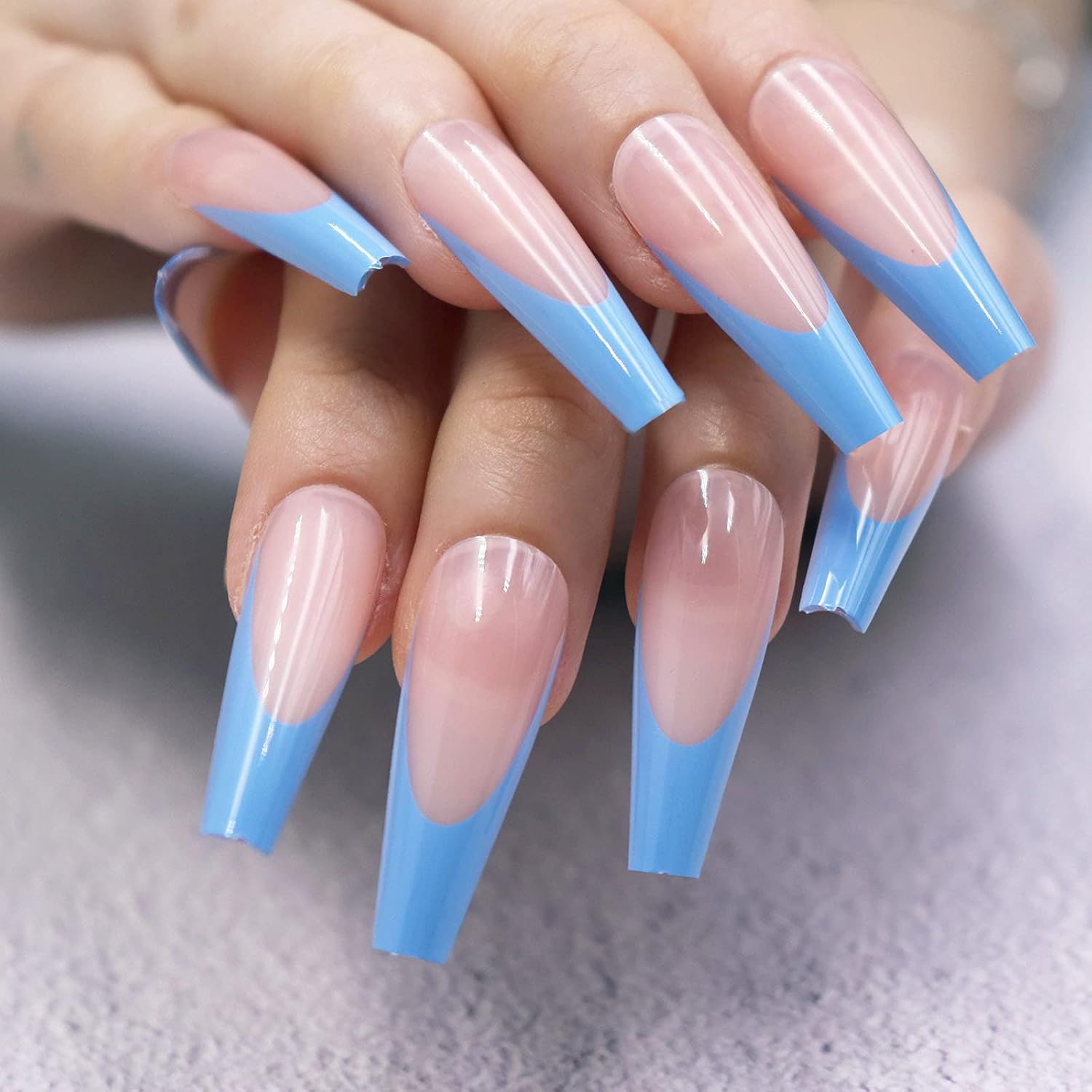 Buy Misud French Fake Nails Extra Long Coffin Press On Nails Glossy Nude Full Cover Artificial Uv Gel Acrylic Nails For Women Girls Lake Blue Online In Indonesia B0919r2lj7
