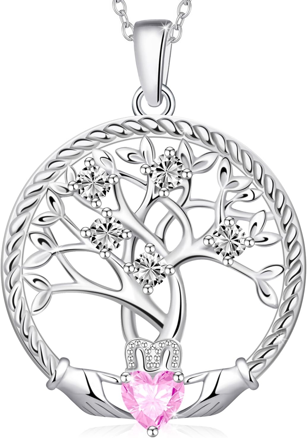Birthstone Tree of Life Necklace for Women, 925 Sterling Silver Family Tree Pendant, Dainty Jewelry Birthday Mother's Day Valentine's Day Gifts for Her Mom Wife, 18"+2" Adjustable
