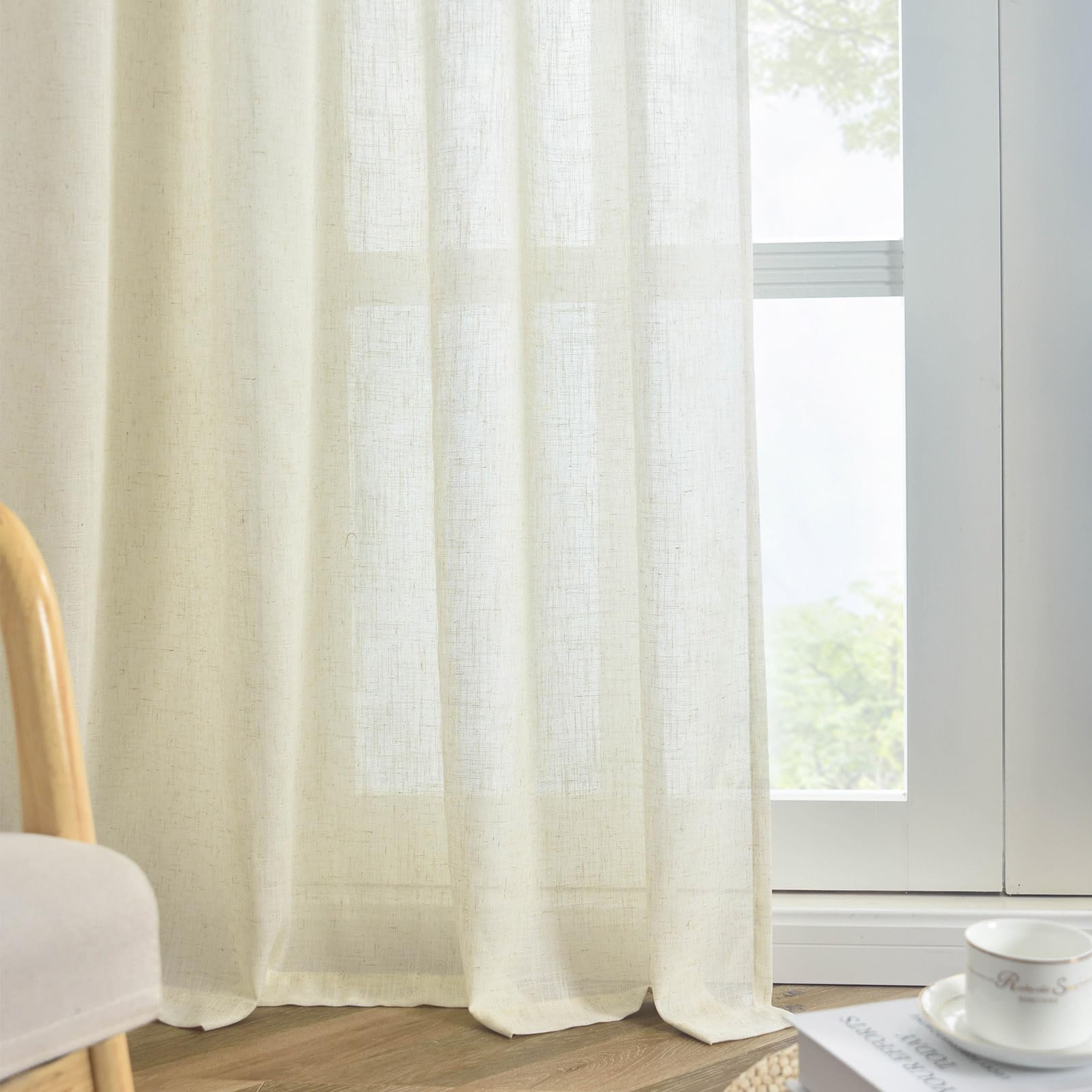 FINECITY Beige Linen Curtains 96 Inches Long for Living Room, Neutral Farmhouse Decor Back Tab Linen Curtain 2 Panels, Light Filtering Privacy Rustic Boho Linen Drapes, 52 x 96 Inch, Cream Beige