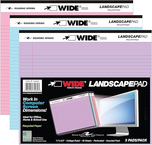 Roaring Spring Wide Landscape Pad, 74535, 40 Sheets, 11" x 9.5", Pack of 3