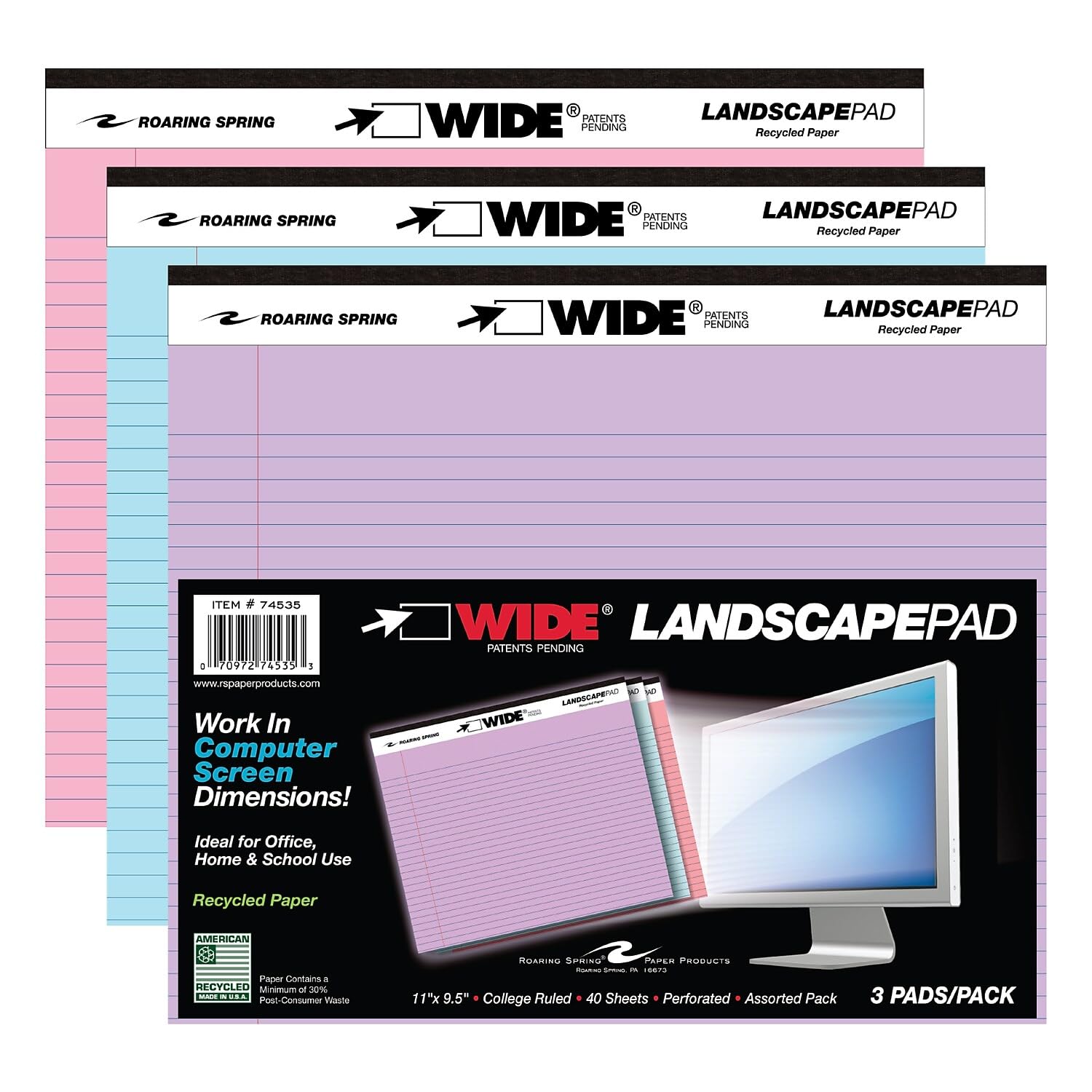 Roaring Spring Wide Landscape Pad, 74535, 40 Sheets, 11" x 9.5", Pack of 3