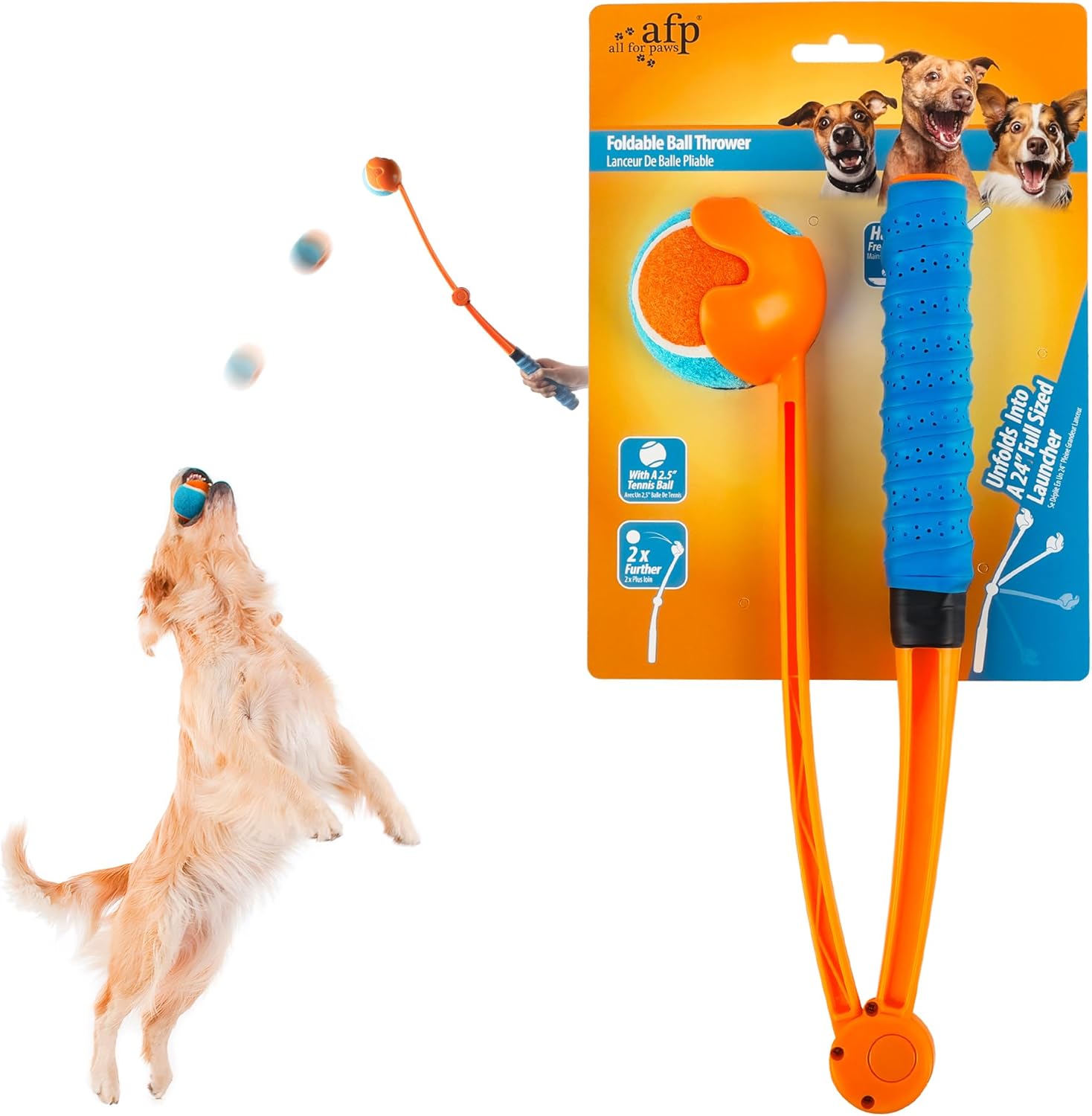 AFP 25“ Dog Ball Launcher – Interactive Dog Toy for Outdoor, Foldable, Lightweight Design with Non-Slip Handle, Includes Medium Ball (2.5”)