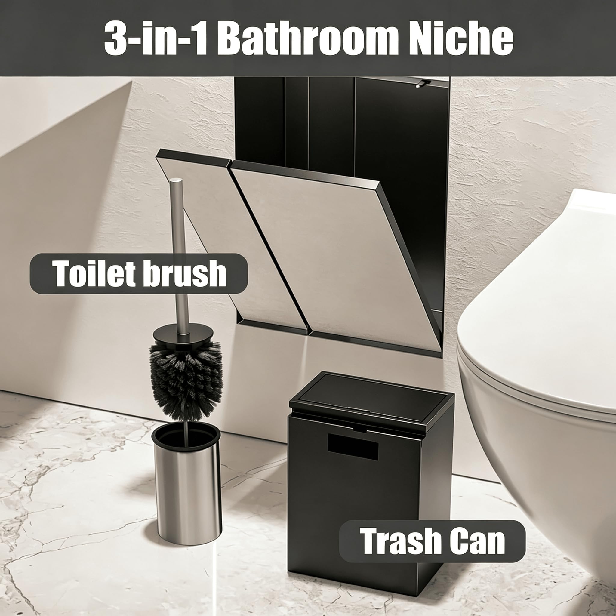 Porta Carta igienica da Incasso 3 in 1, con pattumiera e Porta scopino | Acciaio inossidabile 304, parte anteriore piastrellabile, design pop-up senza maniglie Design salvaspazio Bellezza per bagno