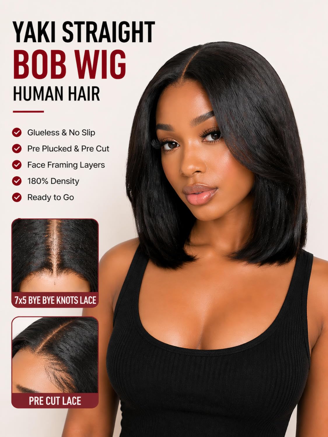 Beauty Forever No Slip Yaki Straight Bob Wig Human Hair 7x5 Bye Bye Knots Lace Front Glueless Drawstring Wig Pre Plucked Pre Cut Face Framing Feathered Layers 180% Density Ready to Go Wig 10inch