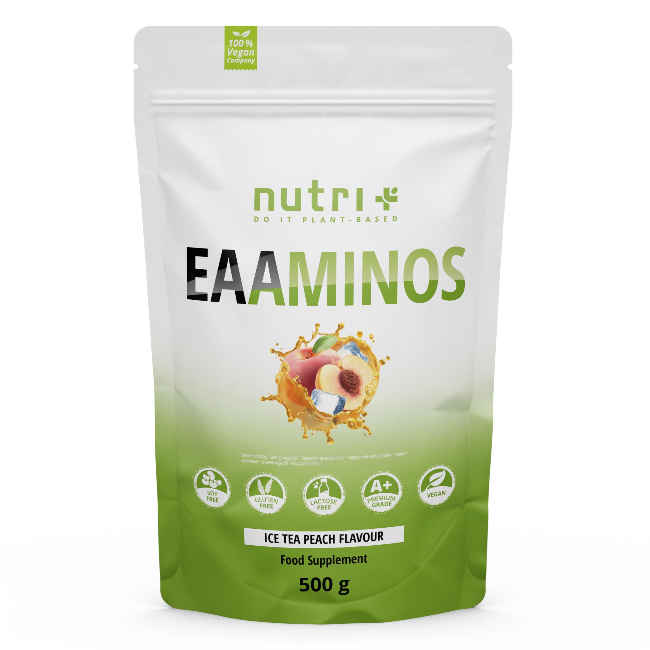 Nutri + EAA Powder Ice-Tea Peach 500 g - vegan + hochdosiert - alle essenzielle Aminosäuren - Eistee-Pfirsich Geschmack EAAs Essential Aminos Pulver
