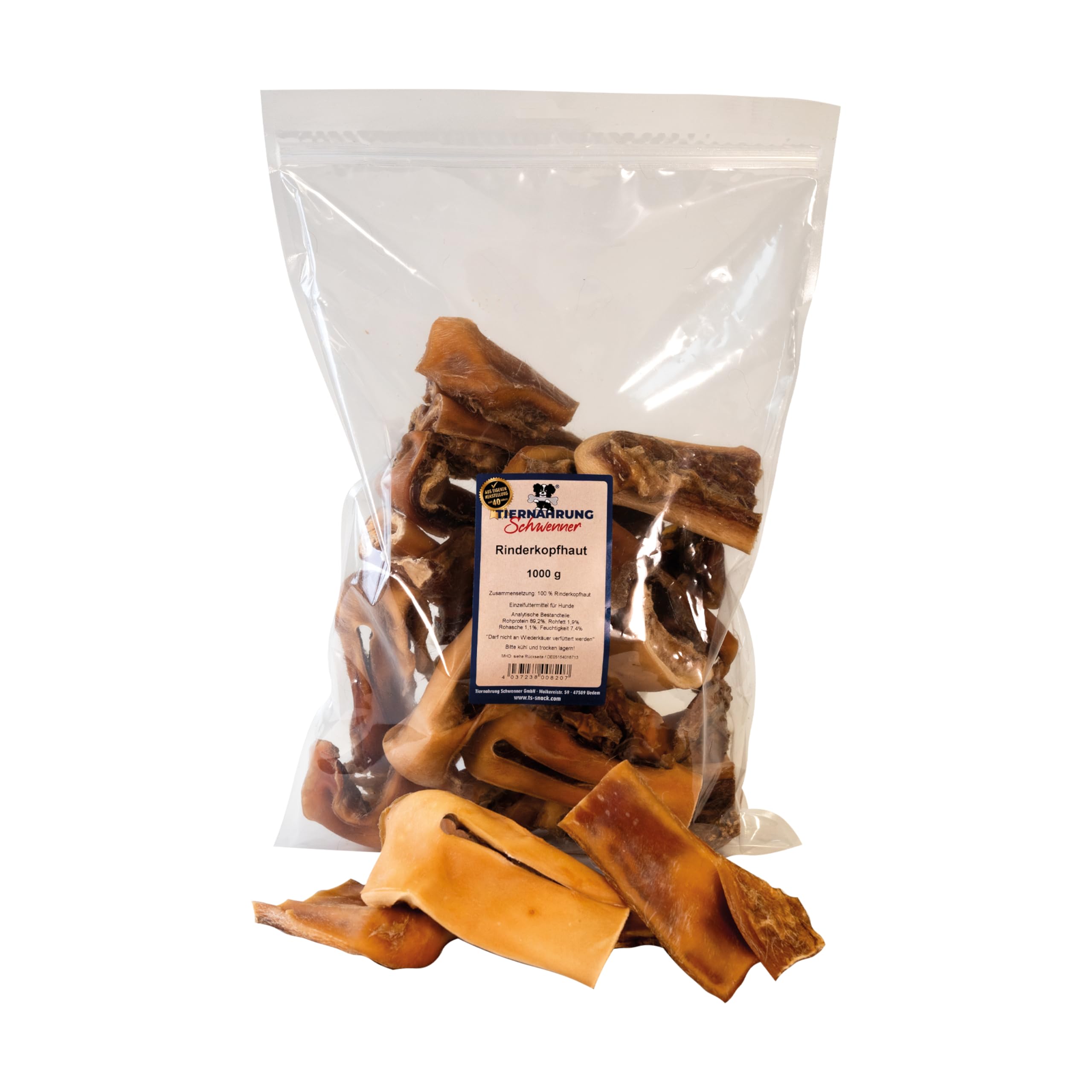 Tiernahrung Schwenner - Kurze Rinderkopfhaut für Hunde getrocknet – Dog Snacks – Hunde Zahnpflege – 1000g 8-18 cm