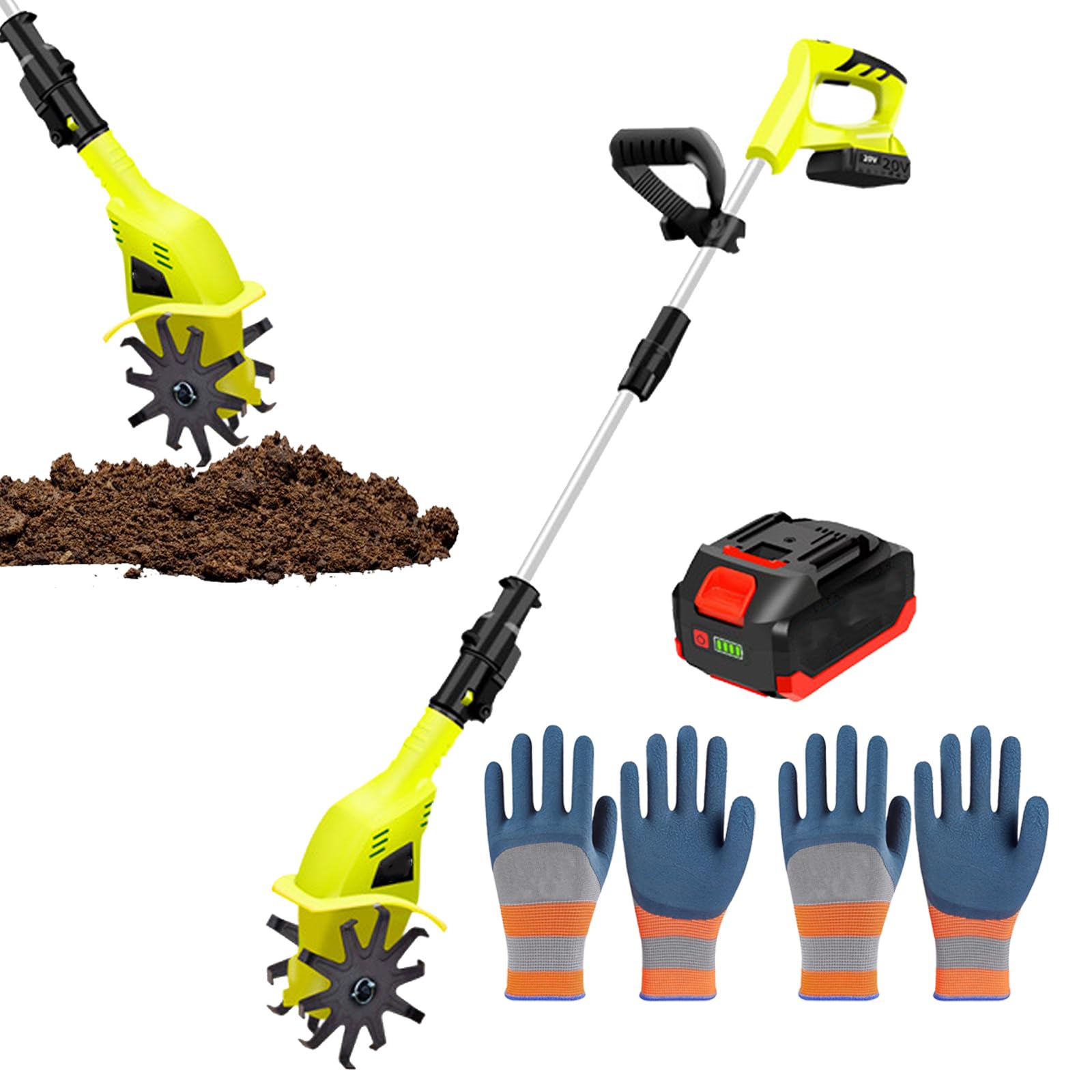 Cultivador eléctrico, cultivador de jardín inalámbrico con longitud ajustable, 25 cm de profundidad de labranza, 10 cm de ancho, rotavador de suelo portátil, 2 baterías