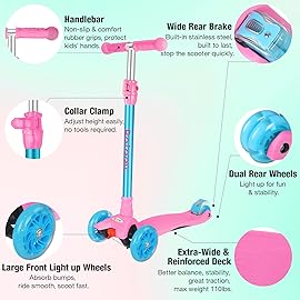 BELEEV Scooters for Kids 3 Wheel Kick Scooter for Toddlers Girls Boys, 4 Adjustable Height, Lean to Steer, Light up Wheels, Extra-Wide Deck, Easy to Assemble for Children Ages 3-12 (Blue Pink)