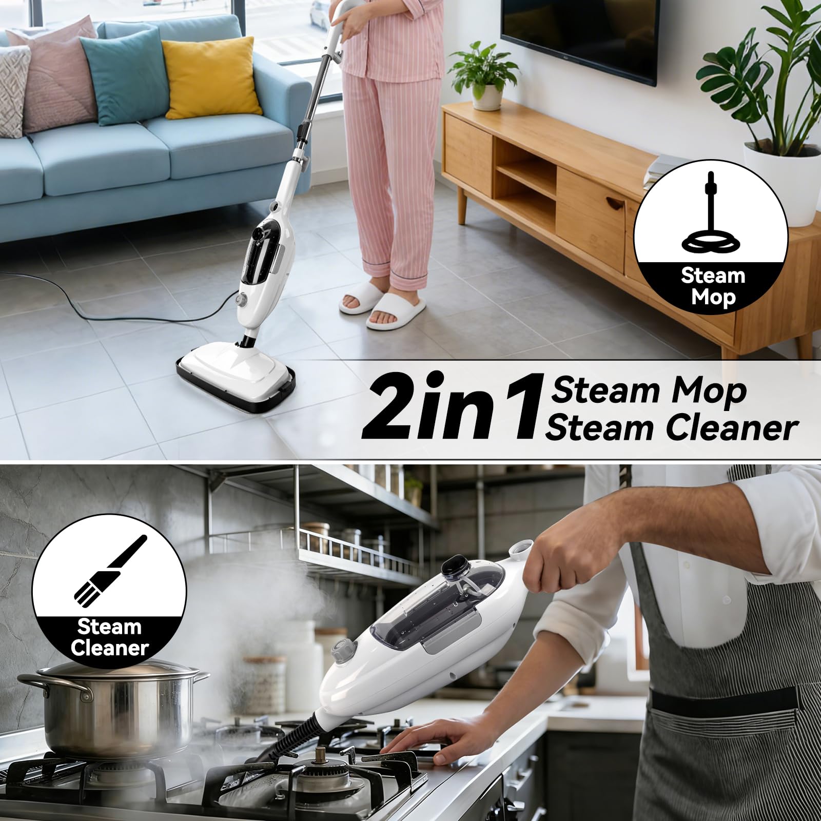 Limpiador de vapor manual de 1300 W, Vaporeta de Mano multiuso de 300ml | Roadtime 10 accesorios, Limpiador de vapor portátil Limpieza sin Químicos de 100 ℃ para hogar,suelos,baldosas,ventanas,sofá