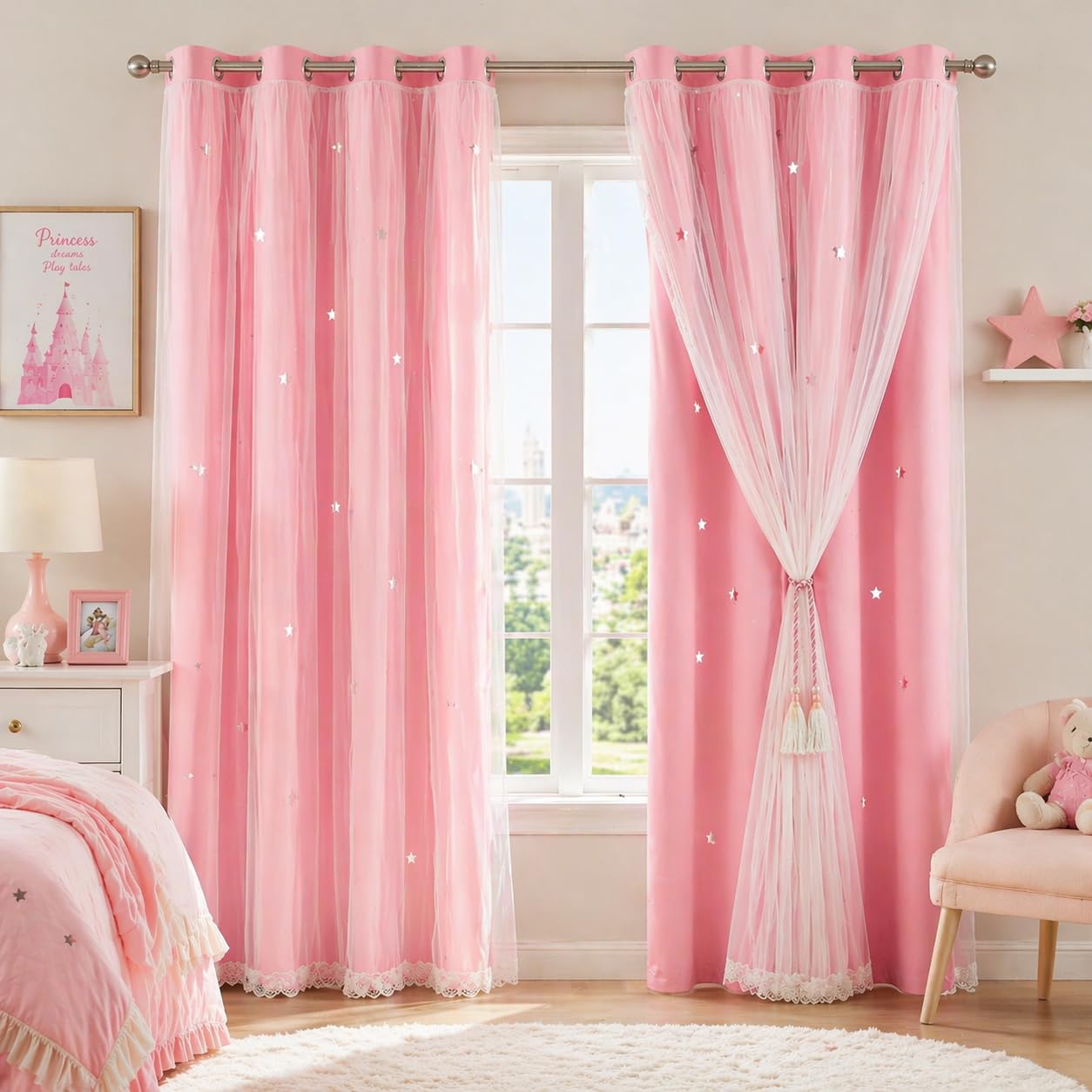 lelewangluo Girls Pink Bedroom Curtains, 2 Panels Stars Cut Out Blackout Curtains, 52 x 63Inch Thermal Insulated Curtains & Drapes with Eyelet for Kids Girls Nursery Bedroom Room Decor