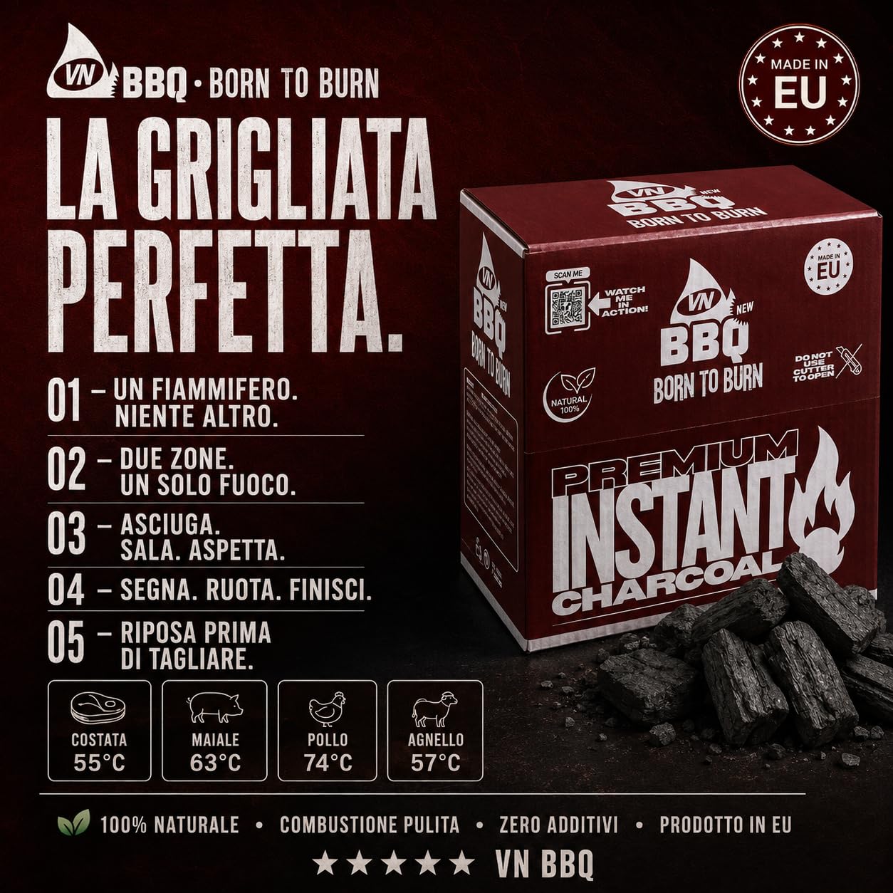 Carbone per BBQ e Grill 3kg | Bricchette Carbonella Senza Fumo Senza Odore | Accensione 10–15 min | Brace Uniforme 4 Ore | 100% Naturale Vegetale | Qualità Ristorazione