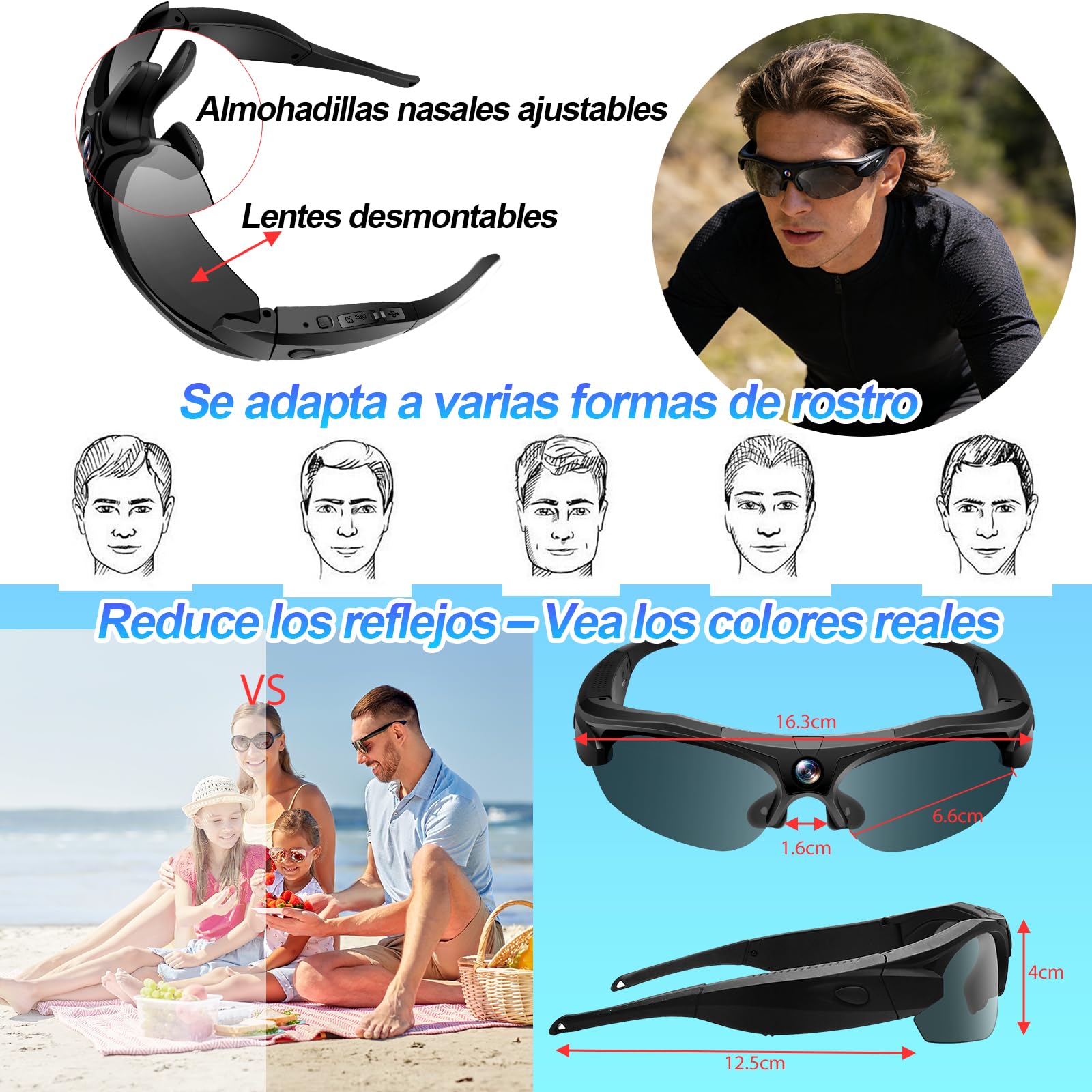 TANGMI Gafas Inteligentes con Camara, 1080P HD & Gran Angular 120° Gafas con Camara WiFi, 2 Horas de Grabación & WiFi Camara Deportiva Moto para Ciclismo, Esquí y Deportes al Aire Libre