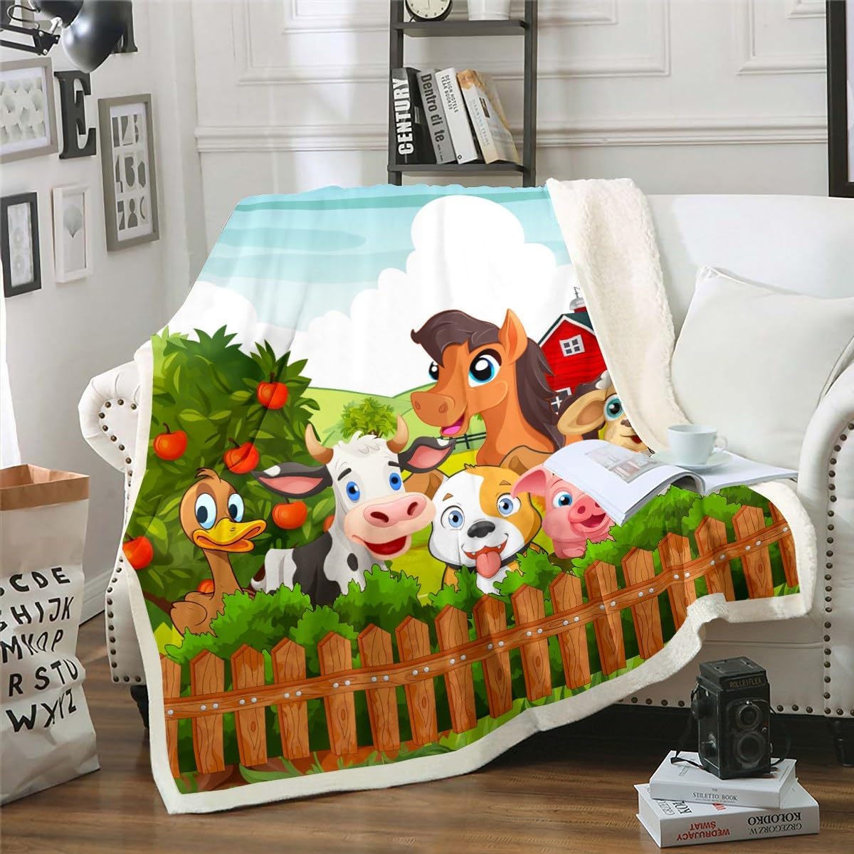 Kids Cartoon Fleece Throw Blanket Toddler Cute Farm Animals Sherpa Blanket Cattle Sheep Pigs Dogs Horses Plush Blanket for Boys Girls Farmhouse Soft Fuzzy Blanket for Sofa Bed Couch, Throw 5