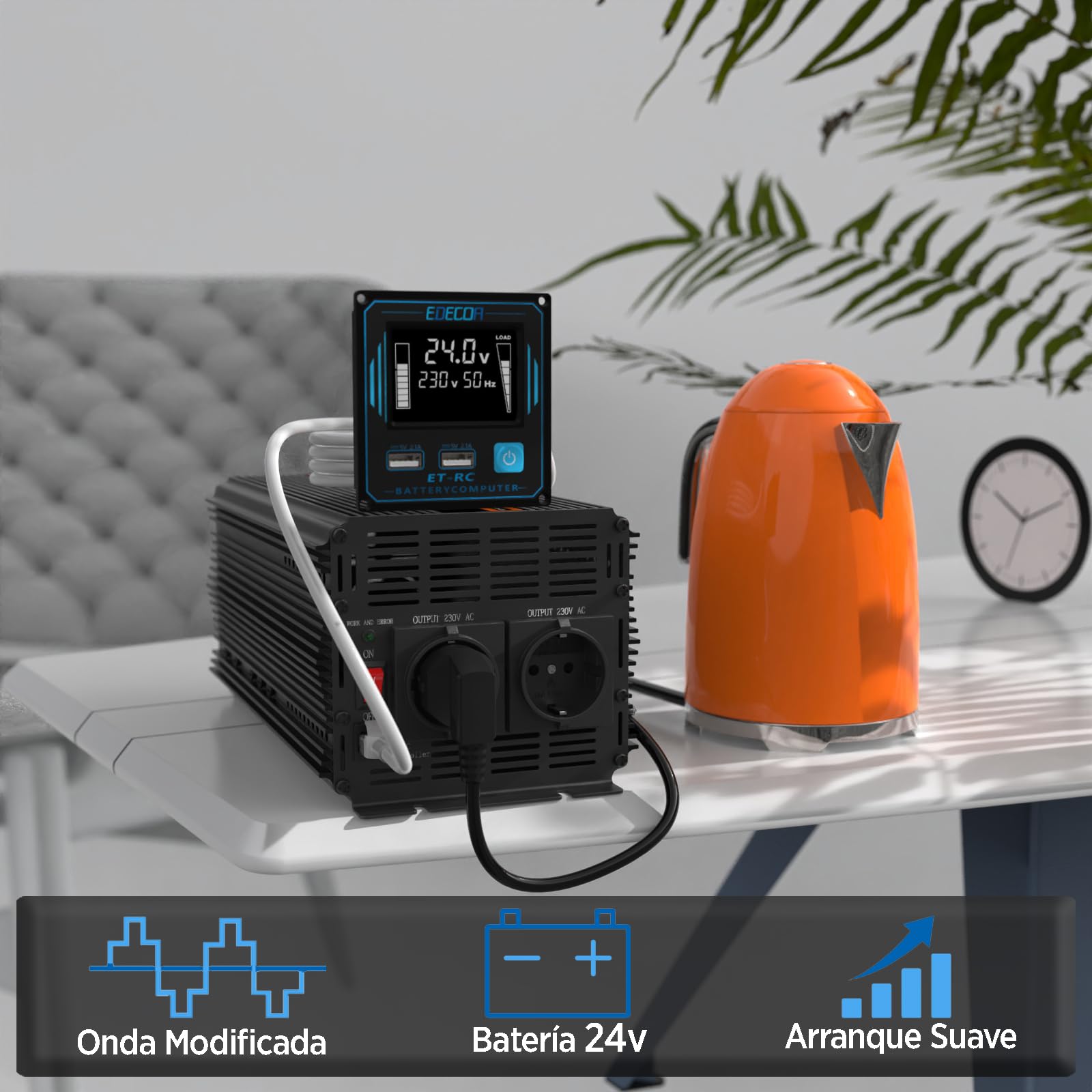 EDECOA inversor 24v 220v 2000w Mando 2X USB convertidor 24v 230v para camion Power Inverter Transformador con Sistema Aislamiento galvanico (2a generacion)