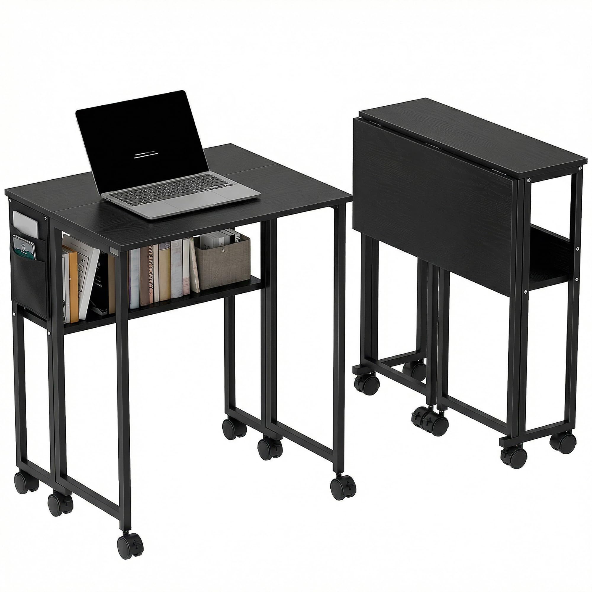 HOMCOM Bureau Pliable 63 cm Étagère Rangement Roulettes Petits Espaces