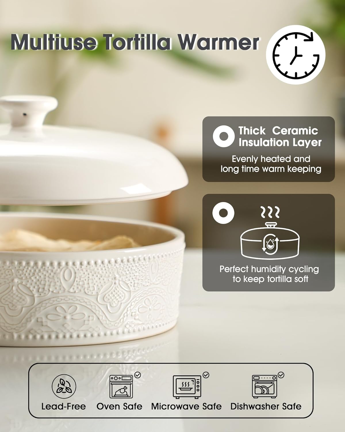 FE Ceramic Tortilla Warmer,Lace Emboss 8.8 Inch Tortilla Holder with Lid for Taco Tuesday, Mexican Night and Party,Taco Bread Pancake,Tortilleros Para Las Tortillas Caliente (Bright White) - Image 6