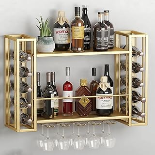 Wall Mounted Wine Rack, Hanging Floating Bar Liquor Shelves with Glass Holder, Metal Bottle Holder Wine Storage Display Shelf for Home Bar, Gold (40”W x 9.8”D x 21.65”H)