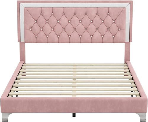 Miniatura 4 de Bellemave Cama de plataforma tapizada tamaño Queen con luces LED, cama de plataforma de terciopelo moderna con cabecera capitonada de cristal, no