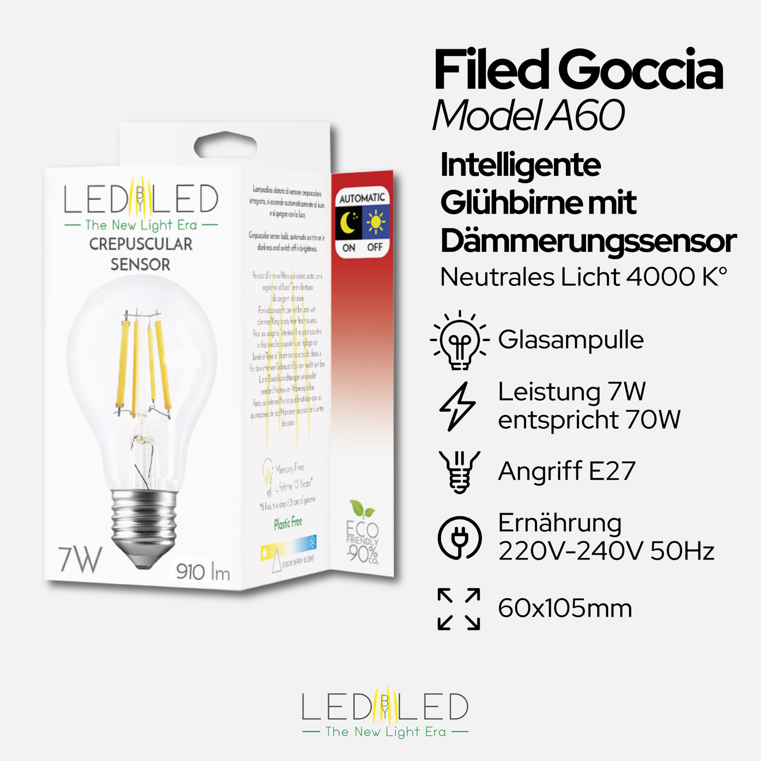 Smart Goccia A60 7W Glühbirne, E27, transparentes Glas, Dämmerungssensor, 2700K warmes Licht, gerader LED-Glühfaden, 806 Lumen, 10er-Pack