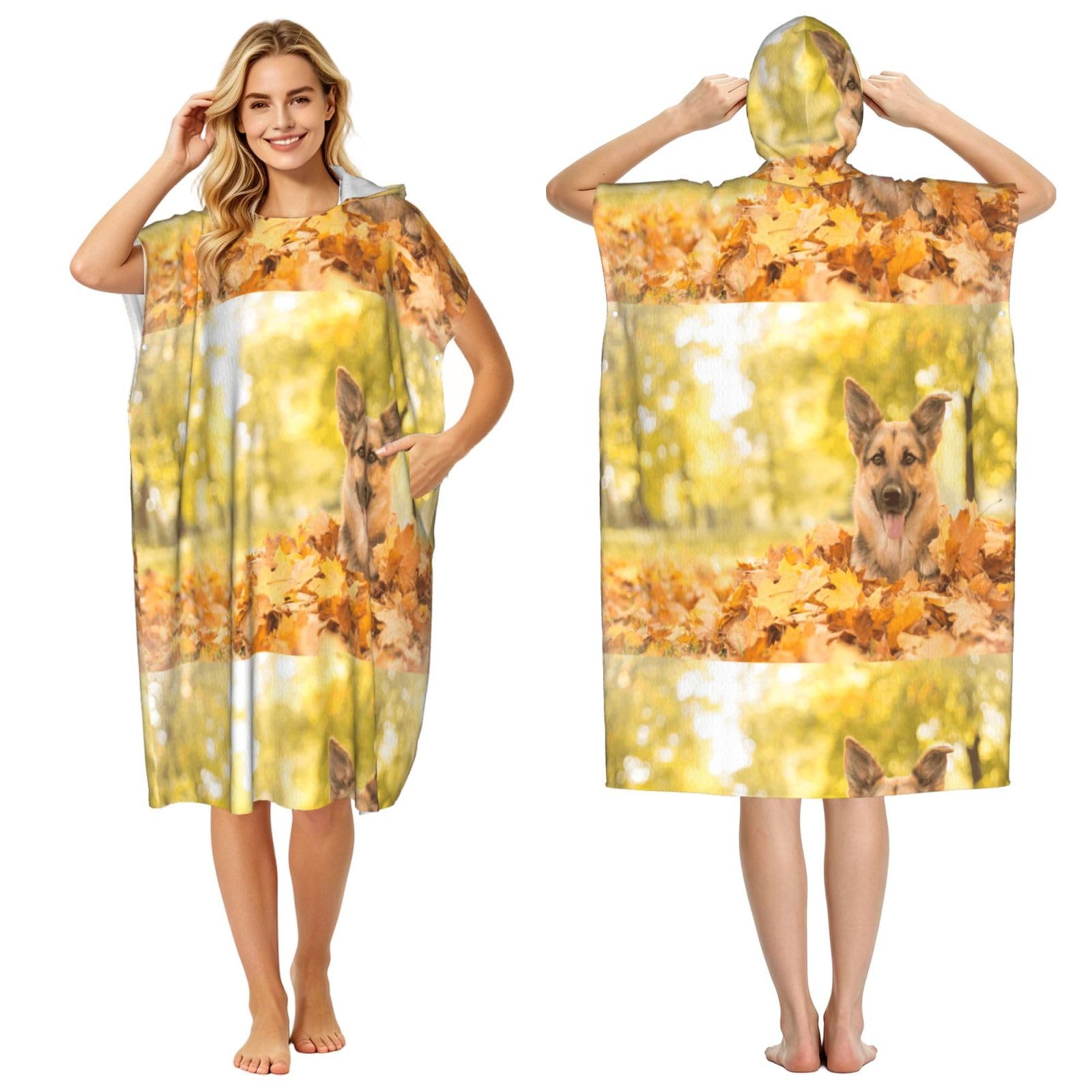Poadnly Maple German Shepherd Dog, Adult Hooded Beach Towel 90 x 110 cm,Changing Bath Robe, Surf Poncho Towel For Women Men