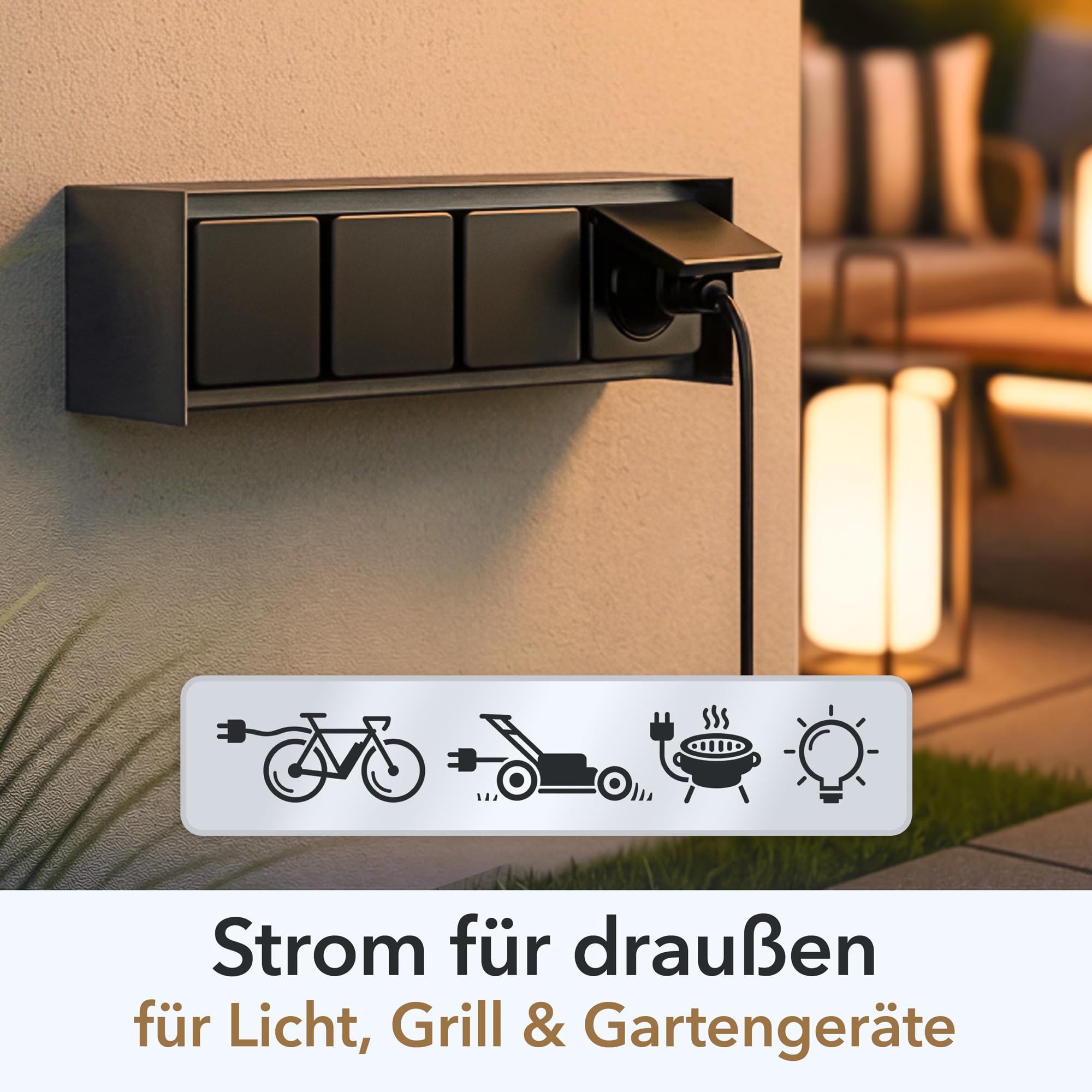 ledscom.de: toma de corriente exterior cuádruple STEDDA con 4 enchufes y cable de 2 m, IP44, acero inoxidable antracita en posición horizontal; tomas de corriente para jardín, terraza y exteriores