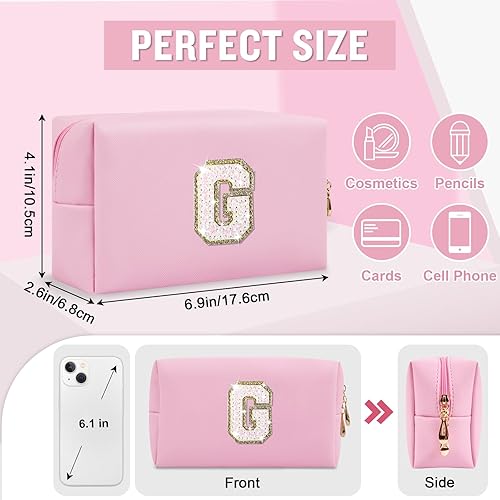Miniatura 2 de Biileen Bolsa de maquillaje preppy inicial personalizada Pequeña bolsa de carta de chenilla de viaje linda, Letra rosa brillanteblanca