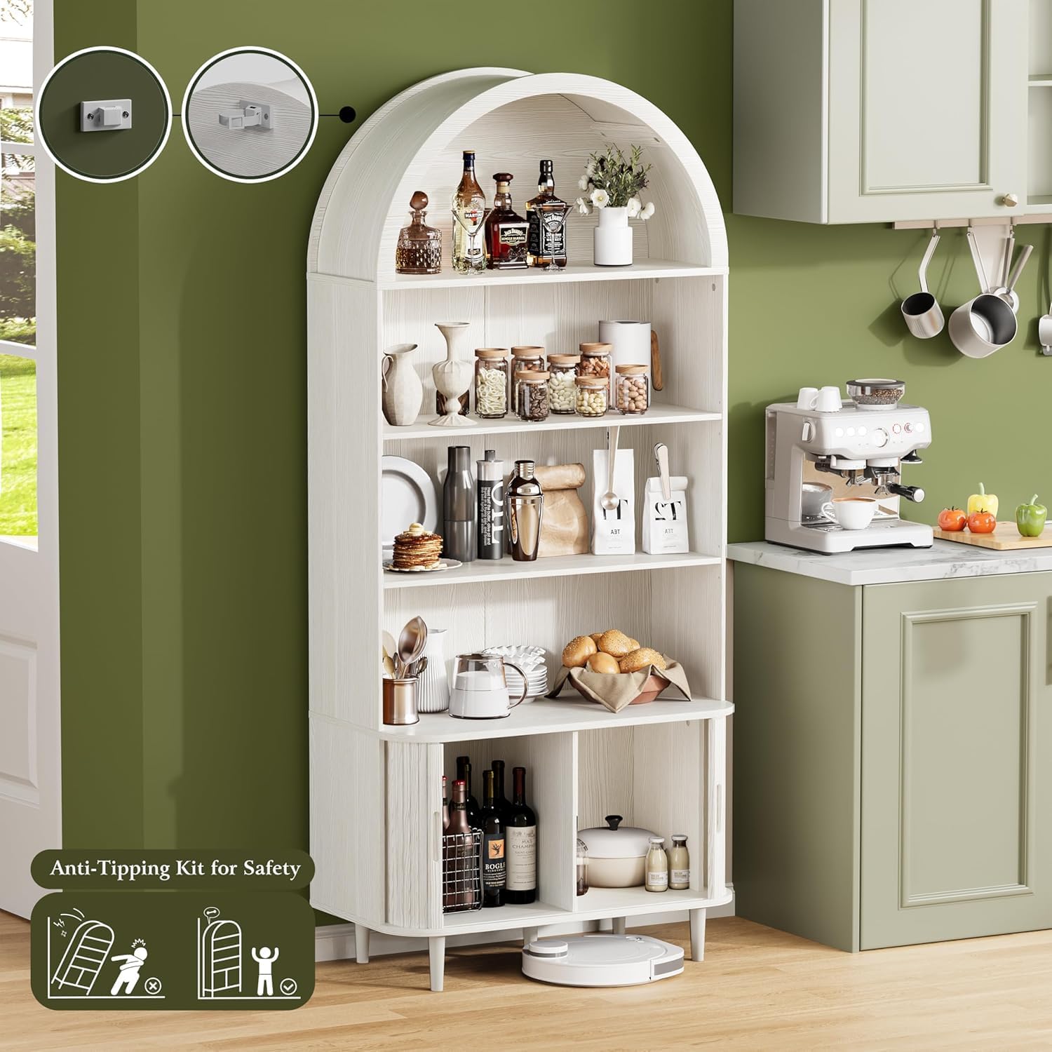 71" Tall Arched Bookshelf: 5 Tiers Modern Farmhouse Book Shelf with Adjustable Shelves ＆Sliding Doors, Arch Bookcase with Storage, Wood Display Cabinet for Living Room, Office