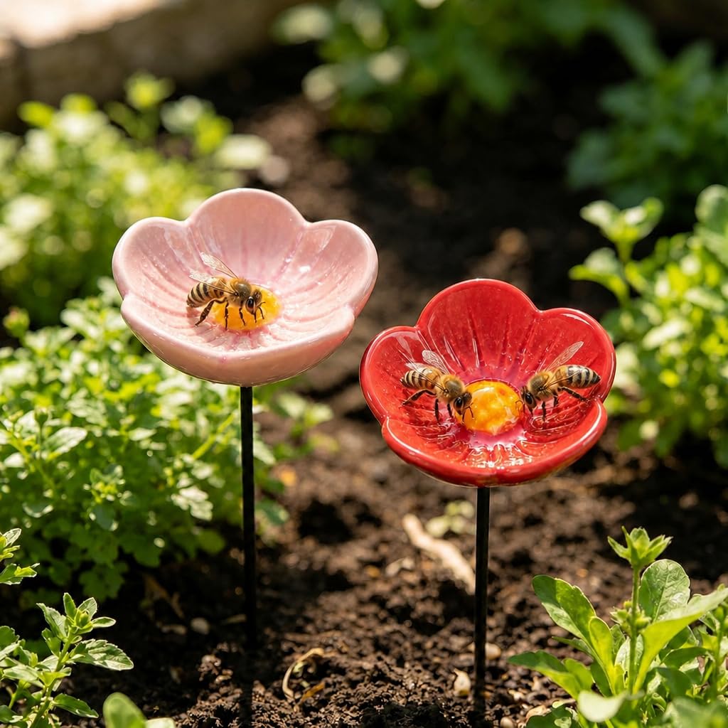 6 Stück Keramikblüte Bienentränke für den Garten, Insektentränke Keramikblumen Wassertränke mit Stecker, Keramikblüten für Bienen kreative Gartenstecker als Garten Geschenk