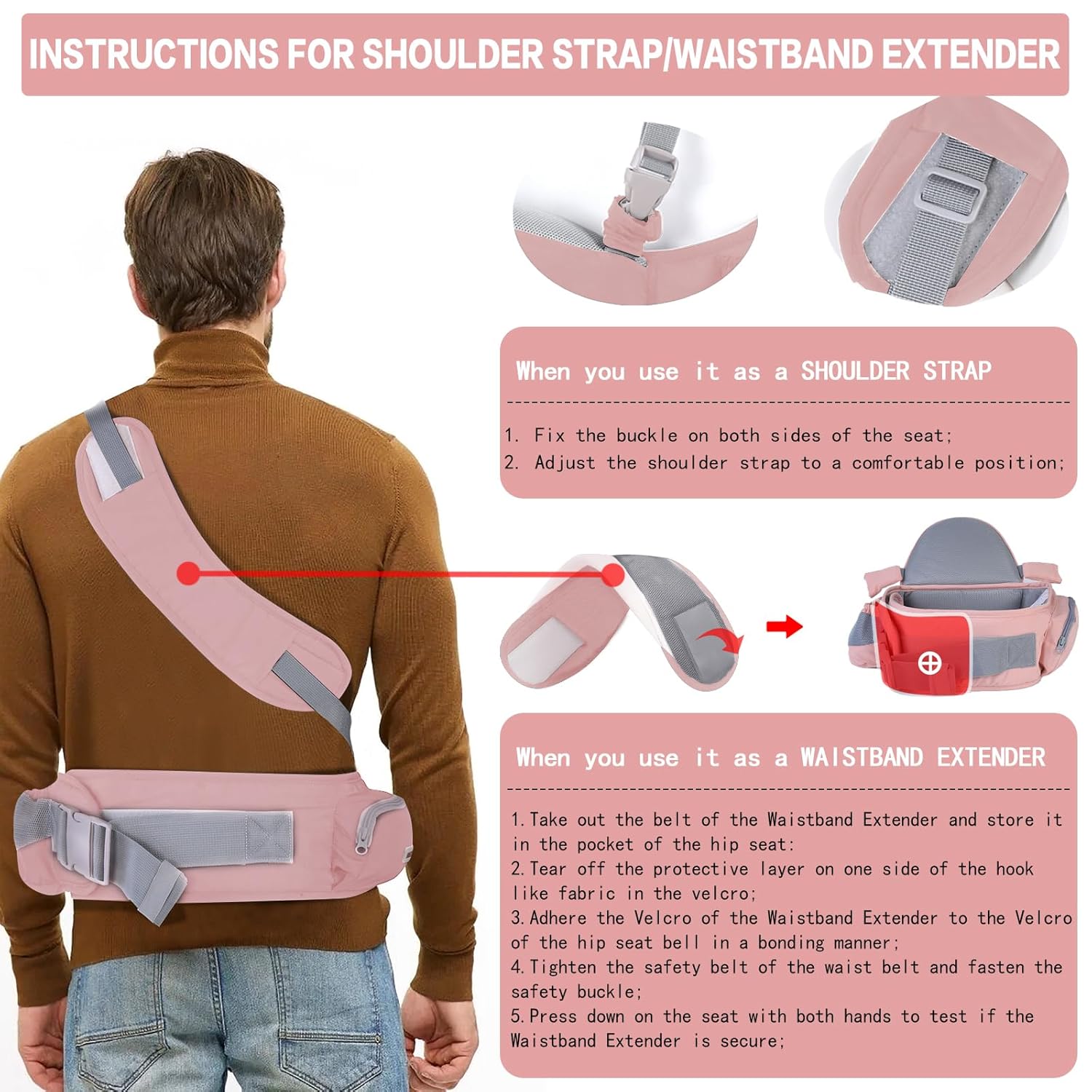Baby Hip Carrier with Foldable Seat 180゜ Up-Down for Infant,Adjustable Straps Also as Waistband Extender,Huge Pockets,Ergonomic Waist Stool for Newborn to Toddlers Gift All-Seasons (Pink)