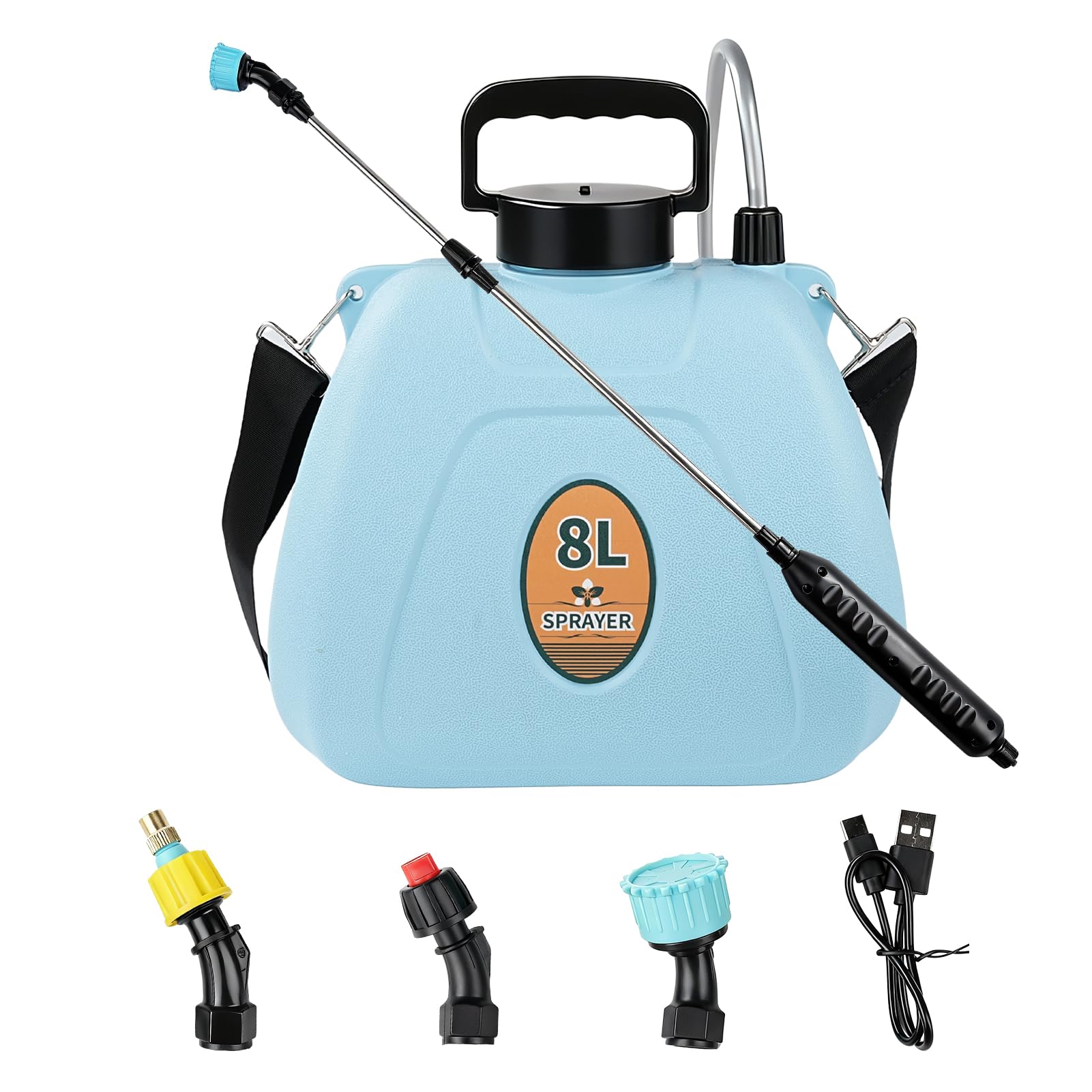 Nikou Pompa Irroratrice a Batteria 8L, Spruzzatore Elettrico Nebulizzatore Giardino a Pressione, Spruzzino Nebulizzatore Piante con 3 Ugelli, Lancia Telescopica, per Cortile Prato Irrigazione