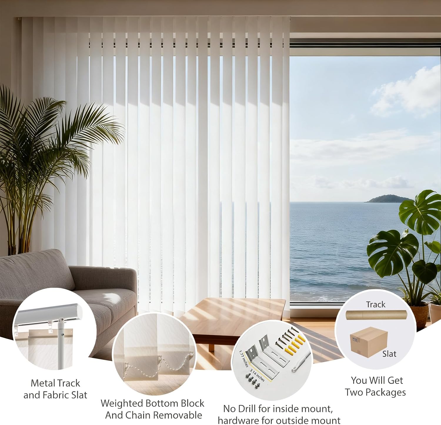 Cordless No Drill No Tools Vertical Window Blinds for Home, Room Divider, Door Blinds, Blinds for Sliding Glass Doors, Closet Curtain, Room Door, Privacy and Filter Light, Woven Off White